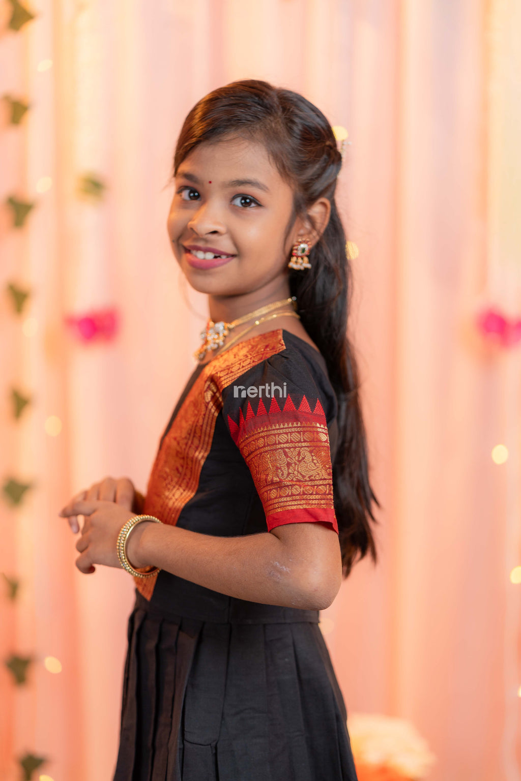 Black Chettinad Cotton Paavadai Sattai (Top & Skirt) - #NT003