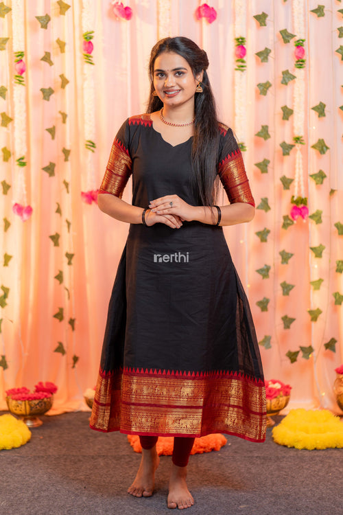 Black Chettinad Cotton A-Line Kurti - #NK004