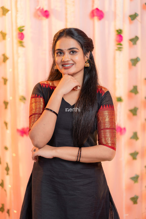 Black Chettinad Cotton A-Line Kurti - #NK004