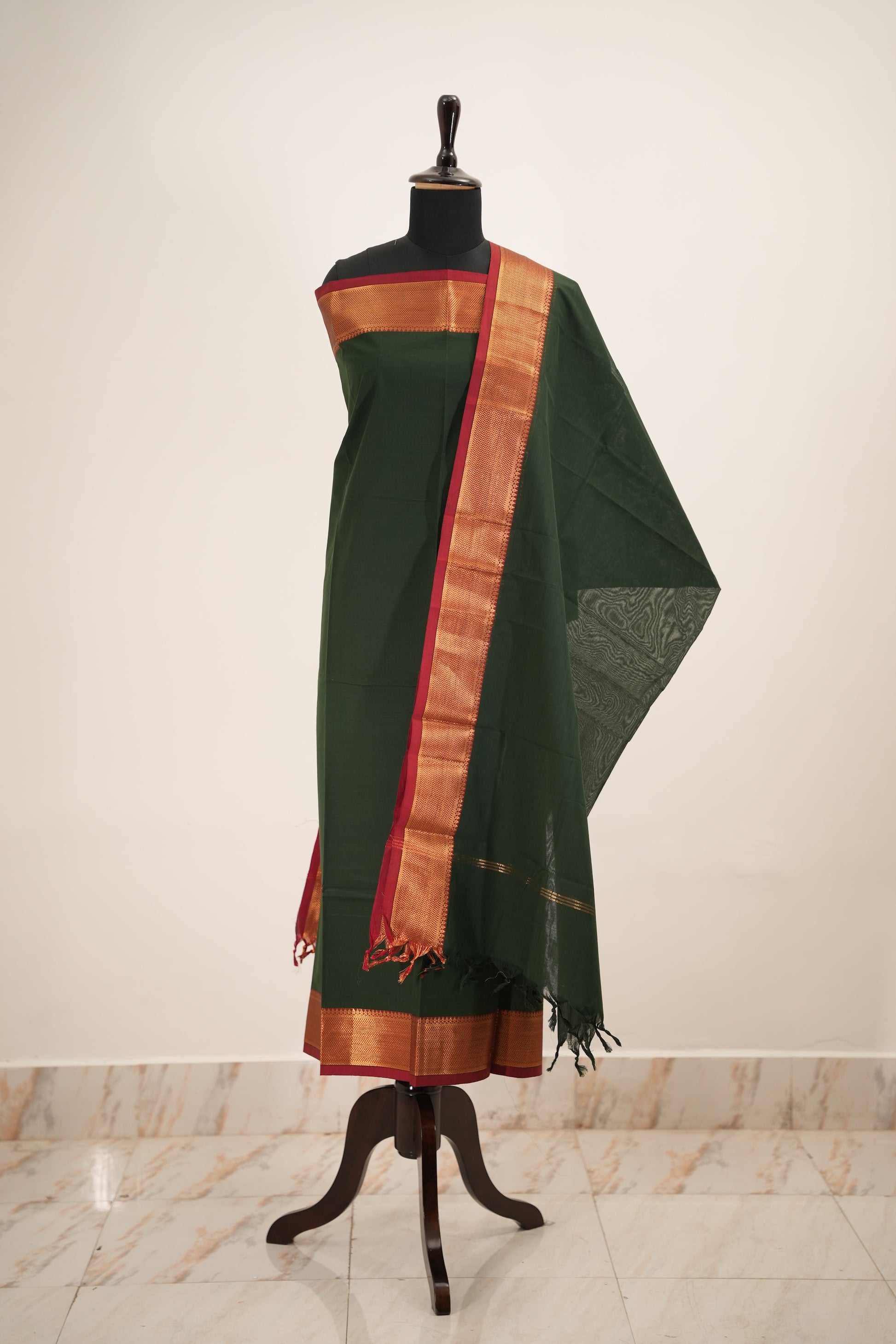 Green with Brown Border Chettinad Cotton Unstitched Salwar Suit - #NC146