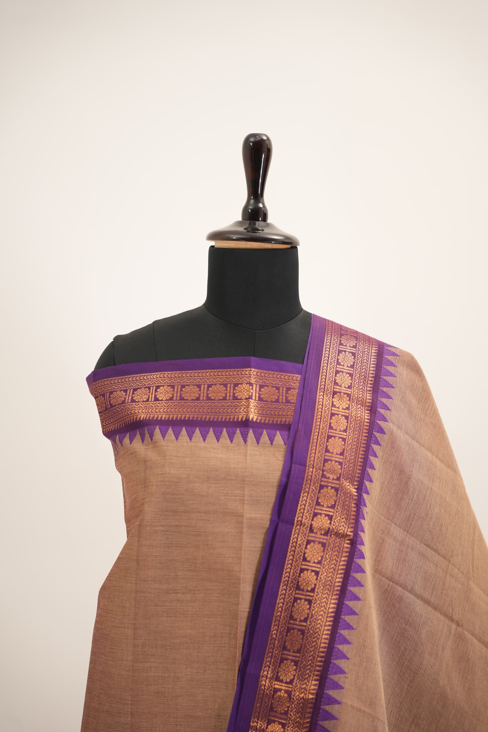 Beige with Purple Border Chettinad Cotton Unstitched Salwar Suit - #NC147