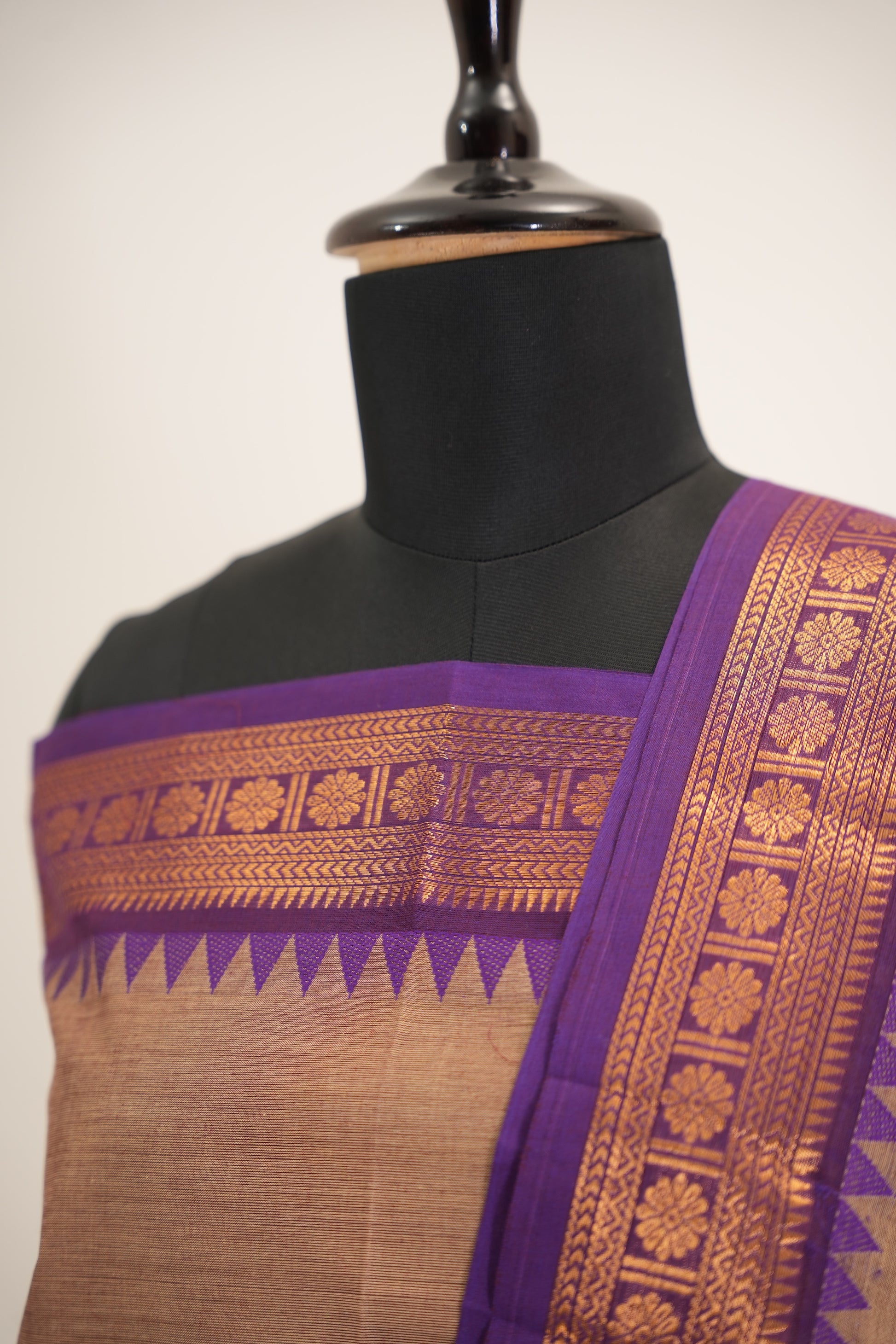 Beige with Purple Border Chettinad Cotton Unstitched Salwar Suit - #NC147