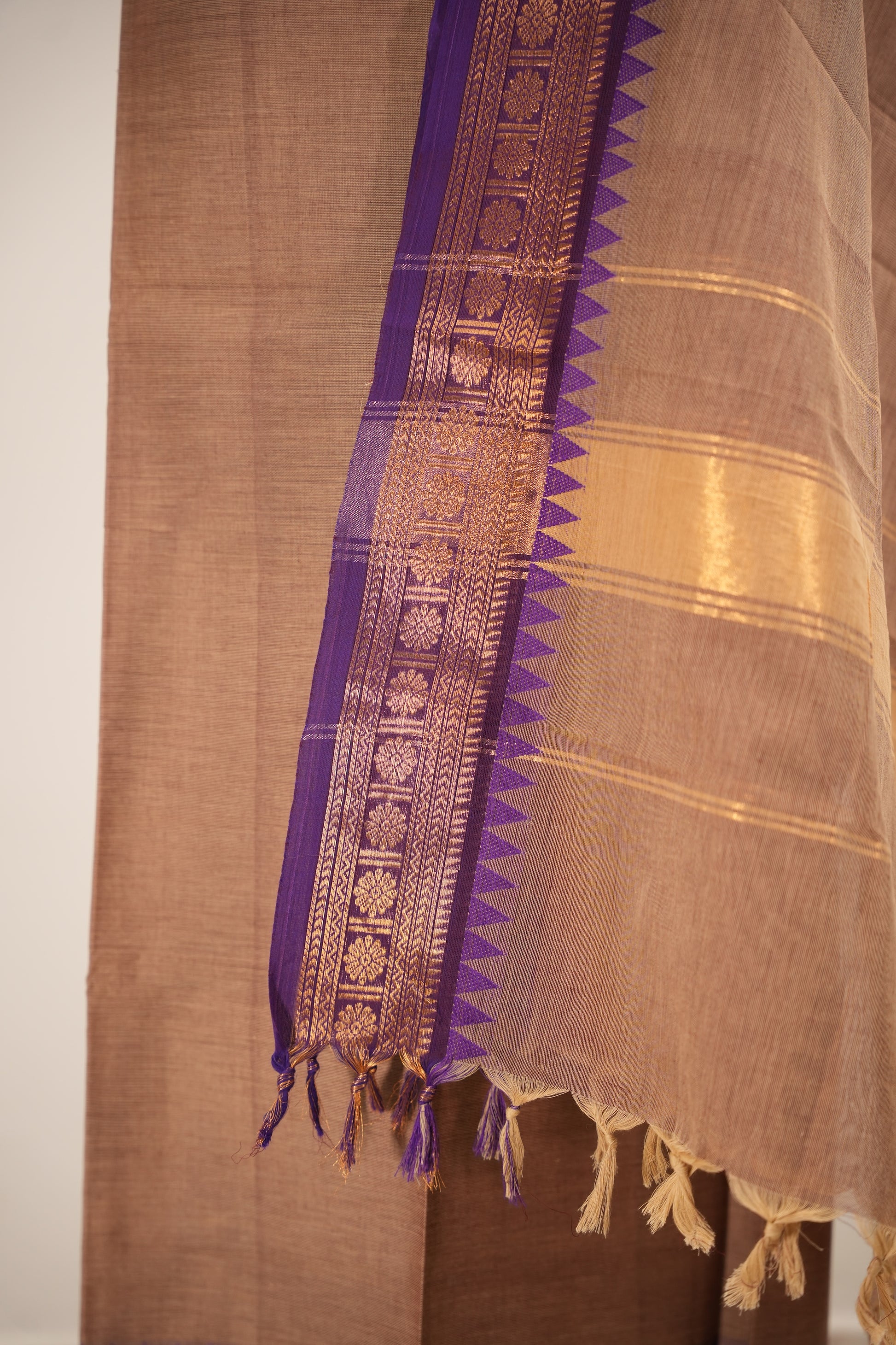 Beige with Purple Border Chettinad Cotton Unstitched Salwar Suit - #NC147