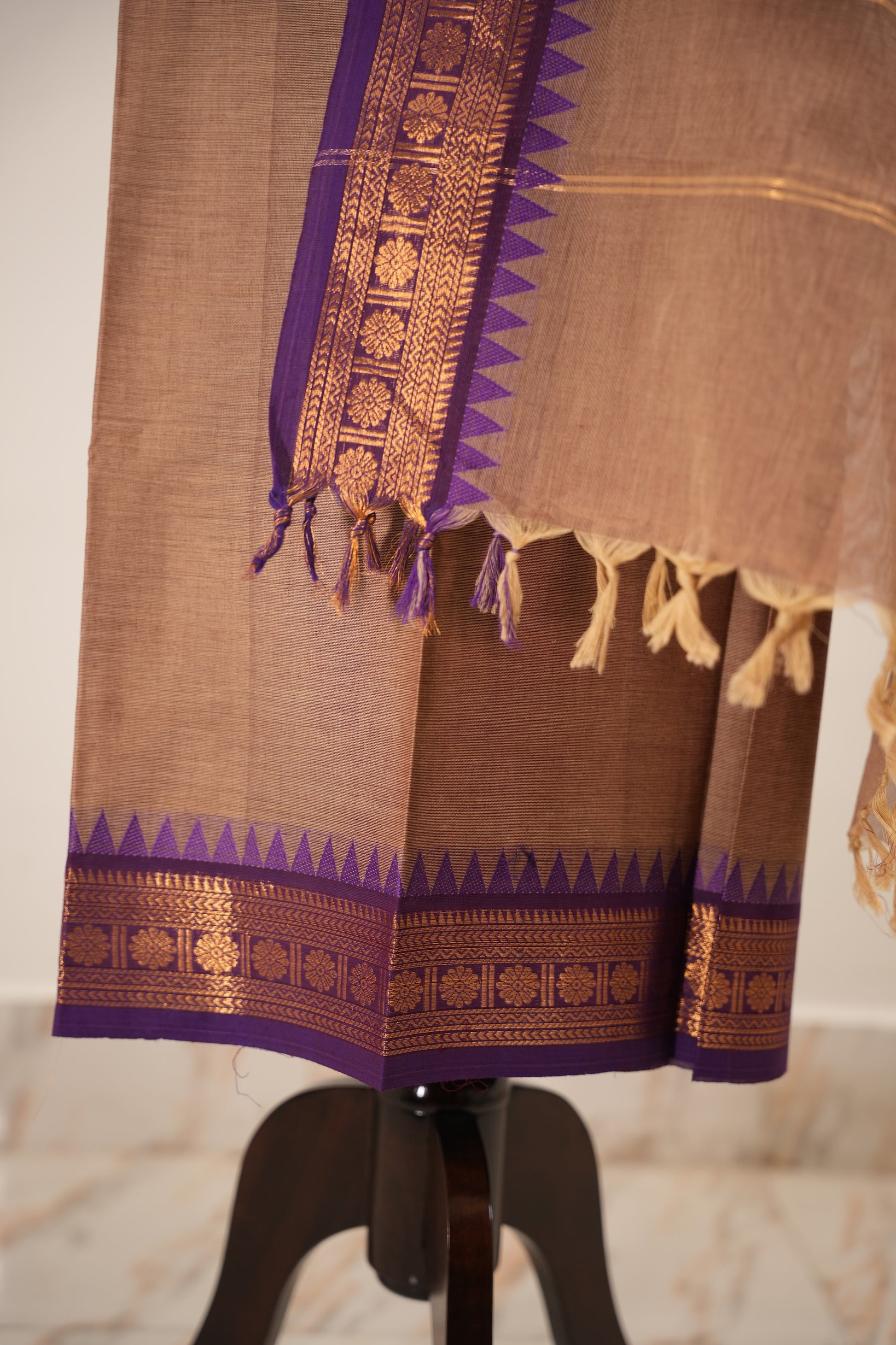 Beige with Purple Border Chettinad Cotton Unstitched Salwar Suit - #NC147