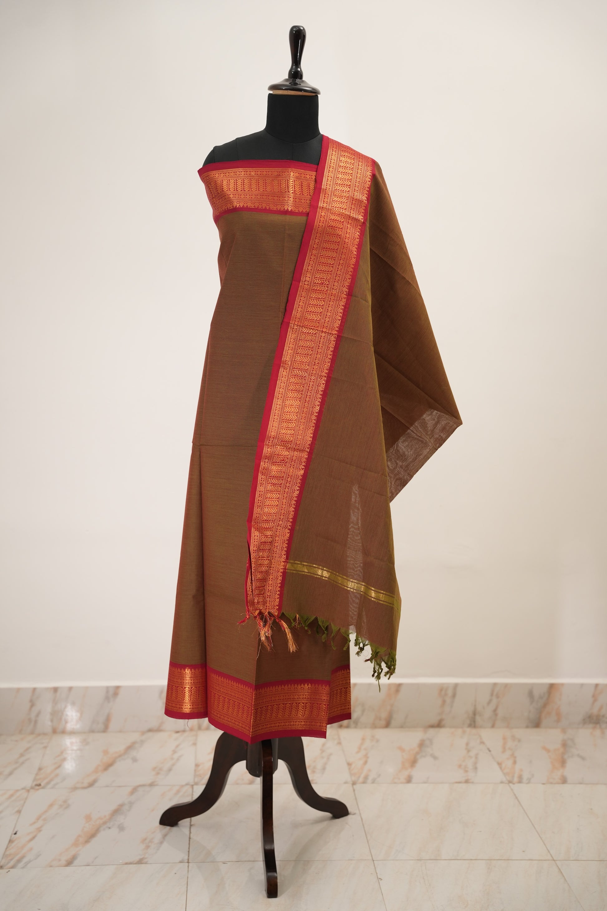 Brown with Red Border Chettinad Cotton Unstitched Salwar Suit - #NC150