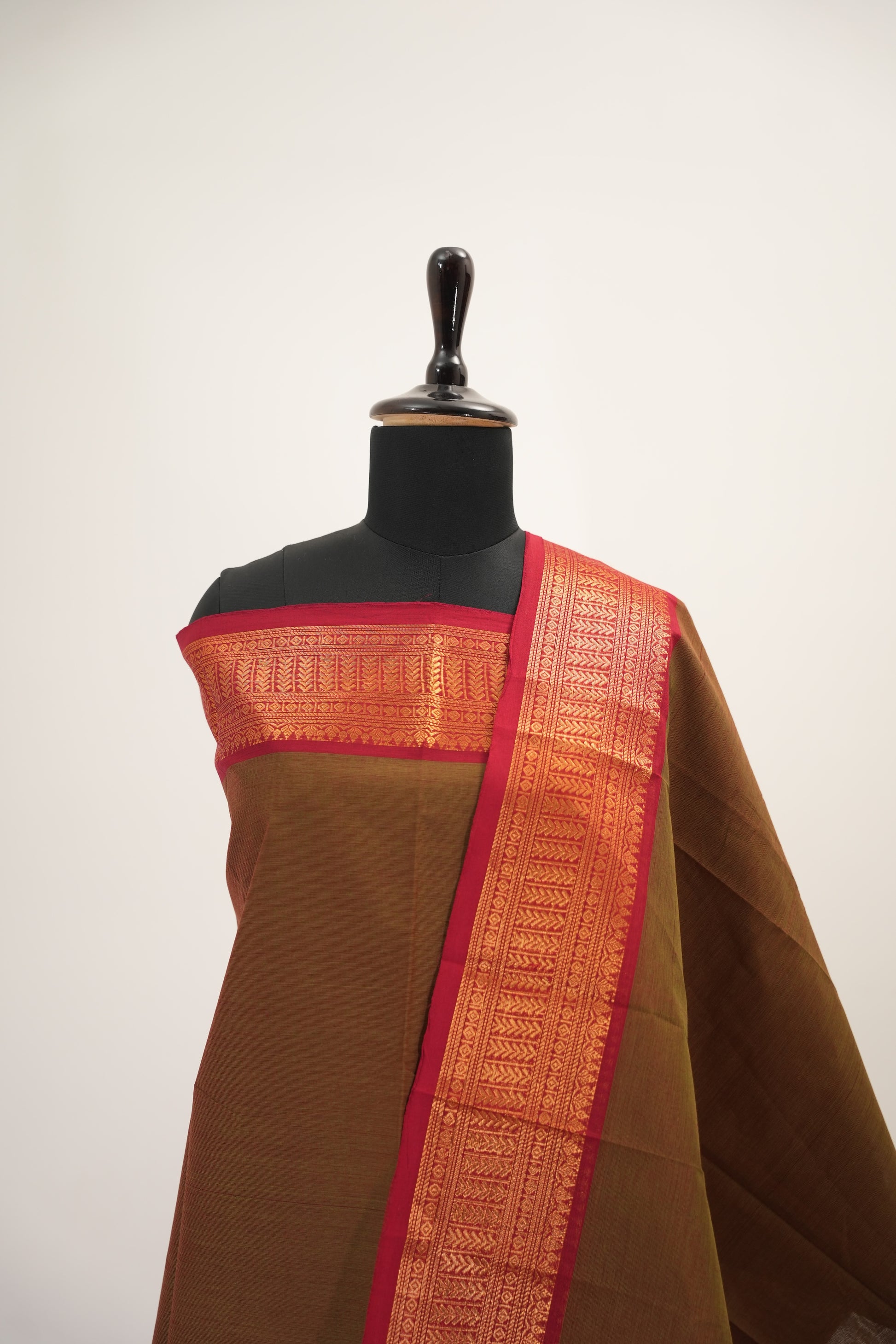 Brown with Red Border Chettinad Cotton Unstitched Salwar Suit - #NC150