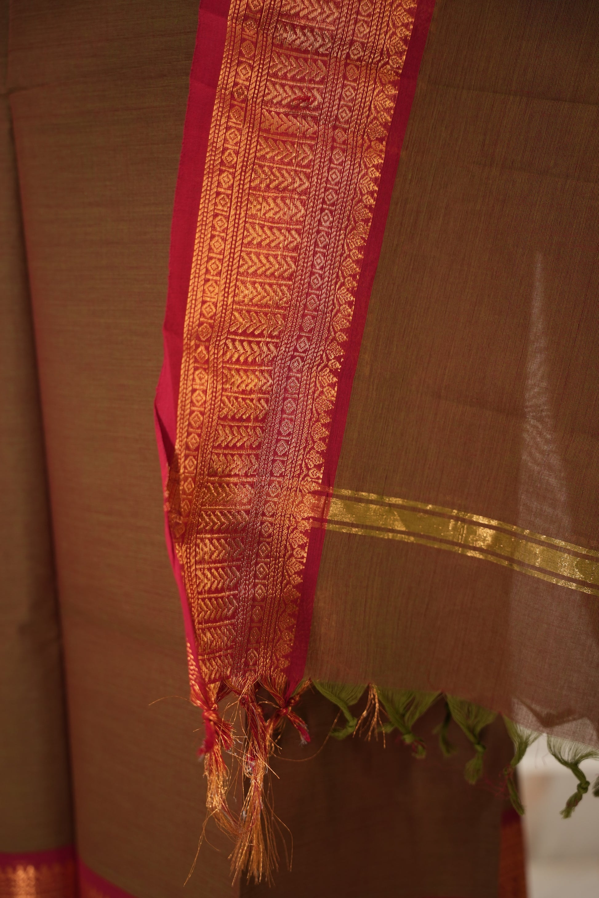 Brown with Red Border Chettinad Cotton Unstitched Salwar Suit - #NC150