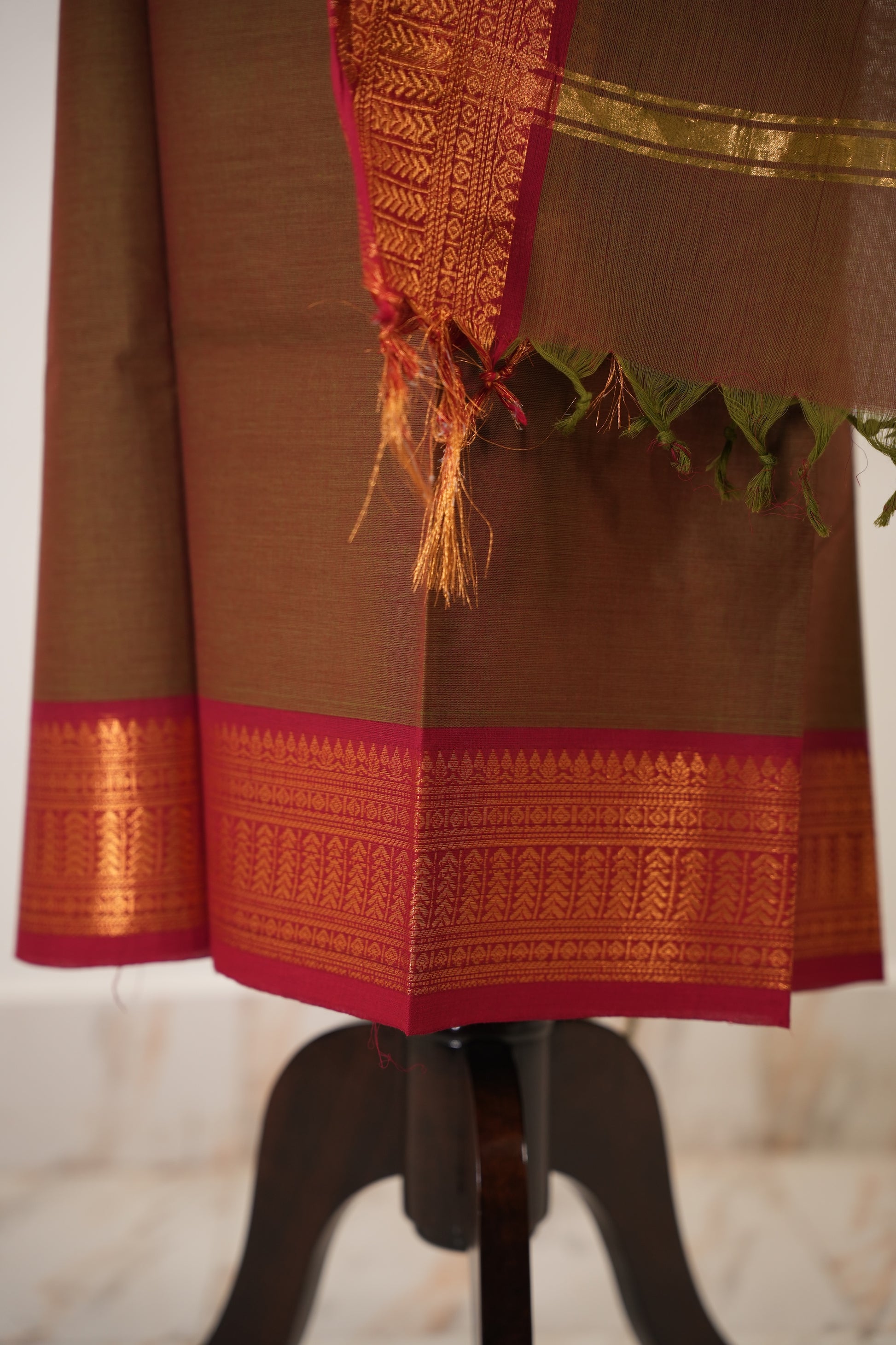 Brown with Red Border Chettinad Cotton Unstitched Salwar Suit - #NC150