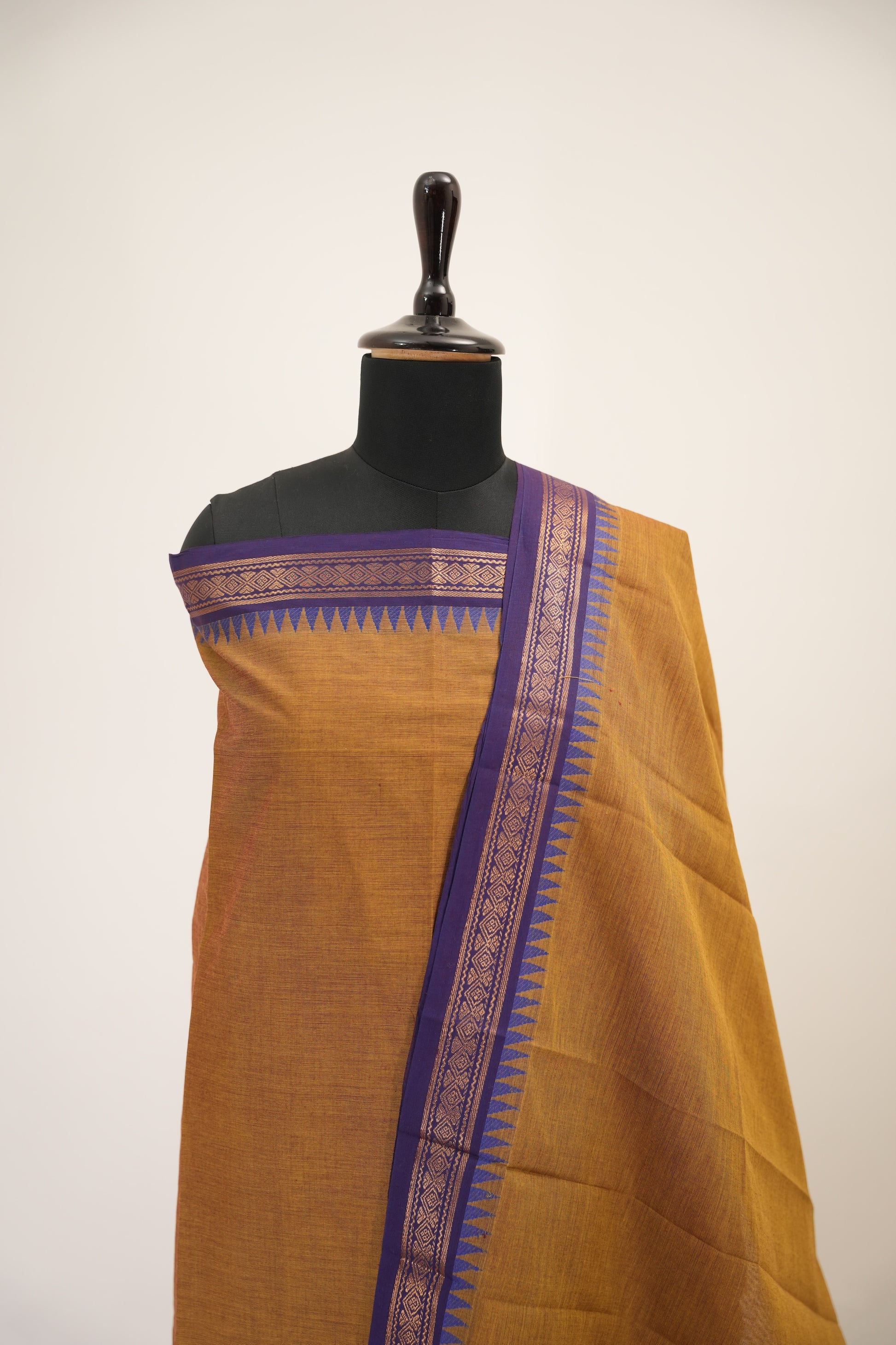 Mustard yellow with Purple Border Chettinad Cotton Unstitched Salwar Suit - #NC152