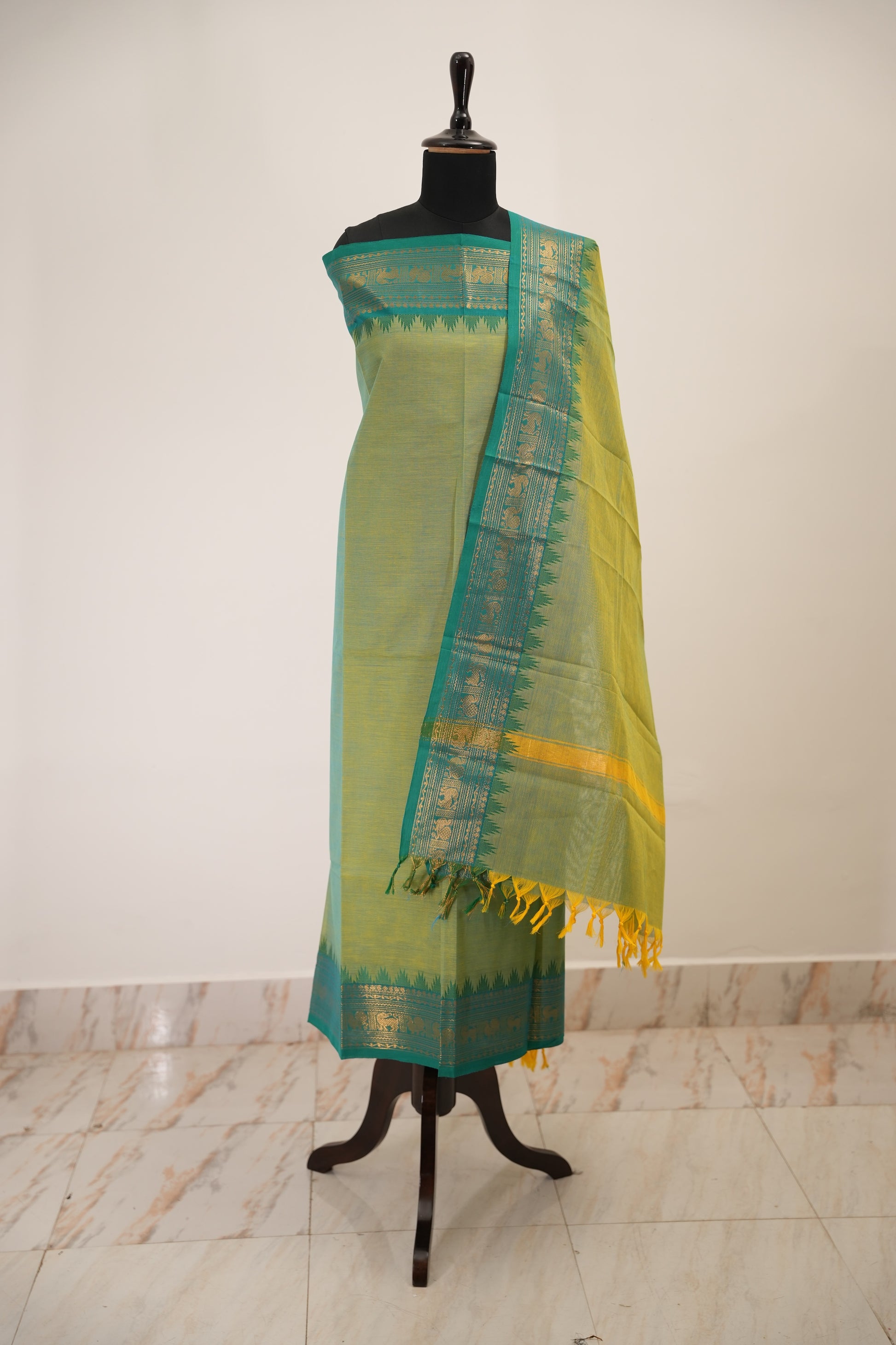 Ilai Green with Blue Border Chettinad Cotton Unstitched Salwar Suit - #NC154