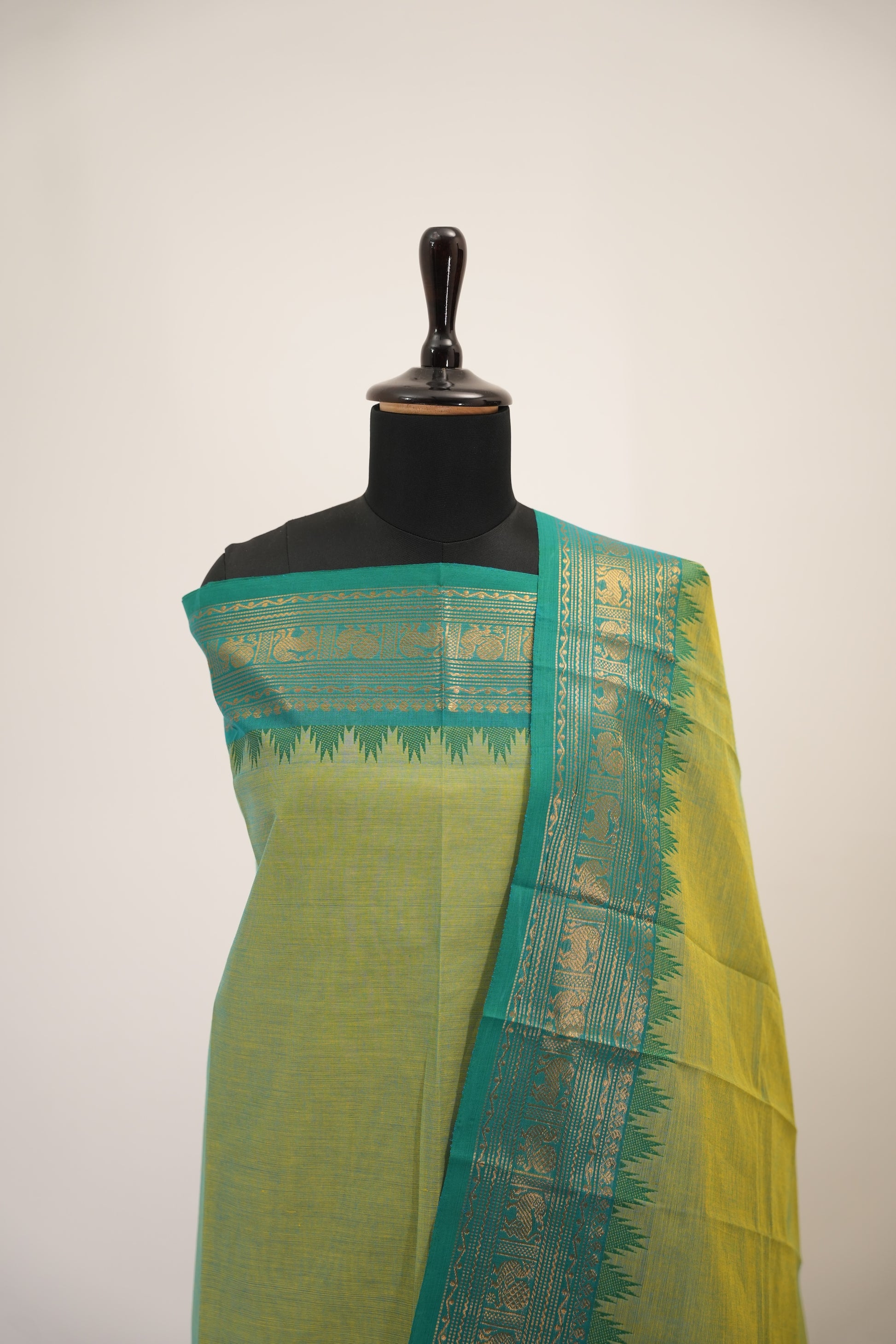 Ilai Green with Blue Border Chettinad Cotton Unstitched Salwar Suit - #NC154