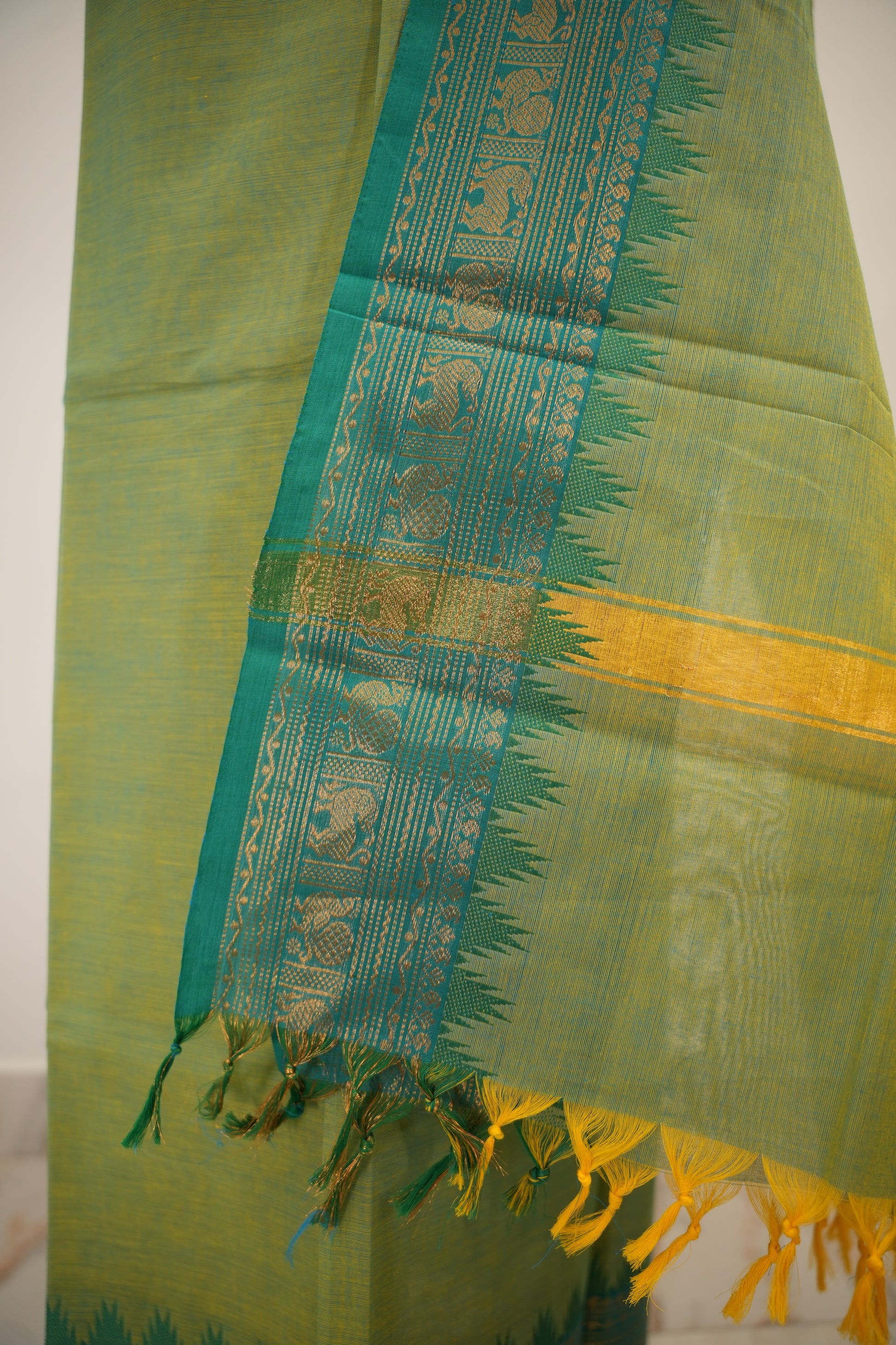 Ilai Green with Blue Border Chettinad Cotton Unstitched Salwar Suit - #NC154