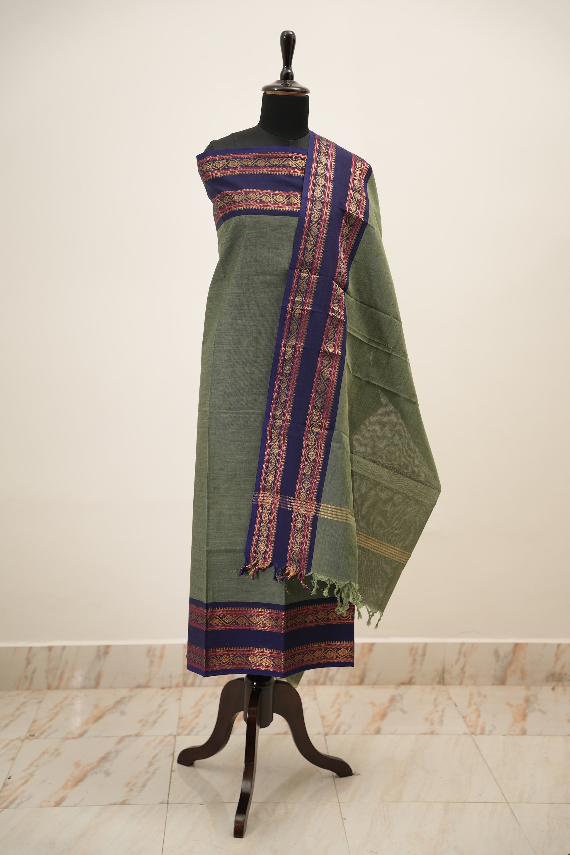 Gray with  Navy  Blue Border Chettinad Cotton Unstitched Salwar Suit - #NC155