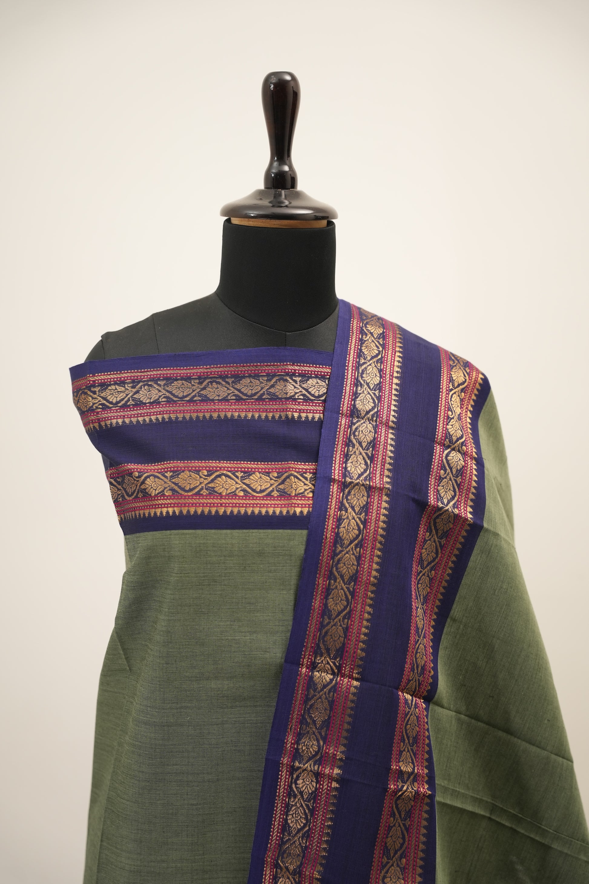 Gray with  Navy  Blue Border Chettinad Cotton Unstitched Salwar Suit - #NC155