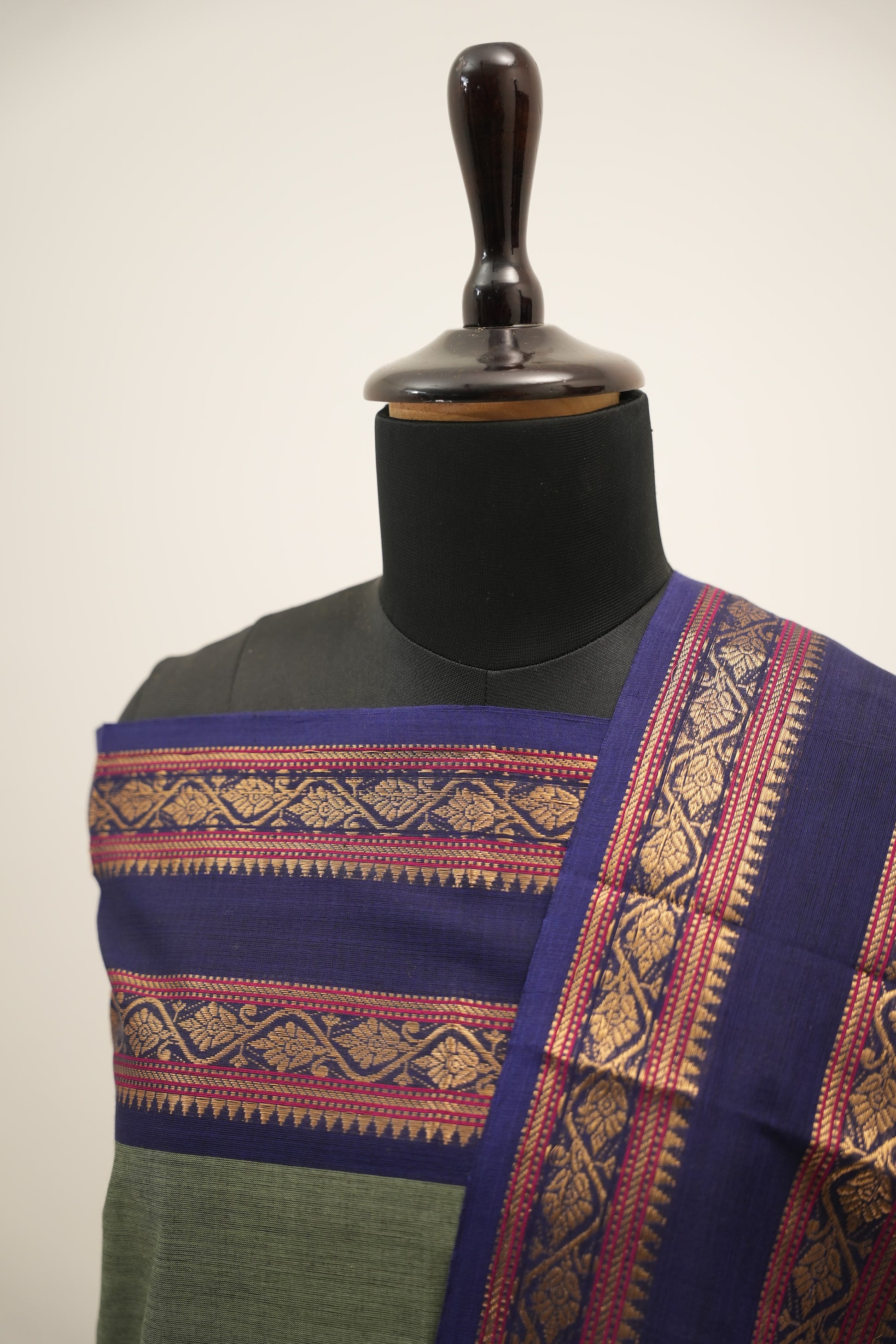 Gray with  Navy  Blue Border Chettinad Cotton Unstitched Salwar Suit - #NC155