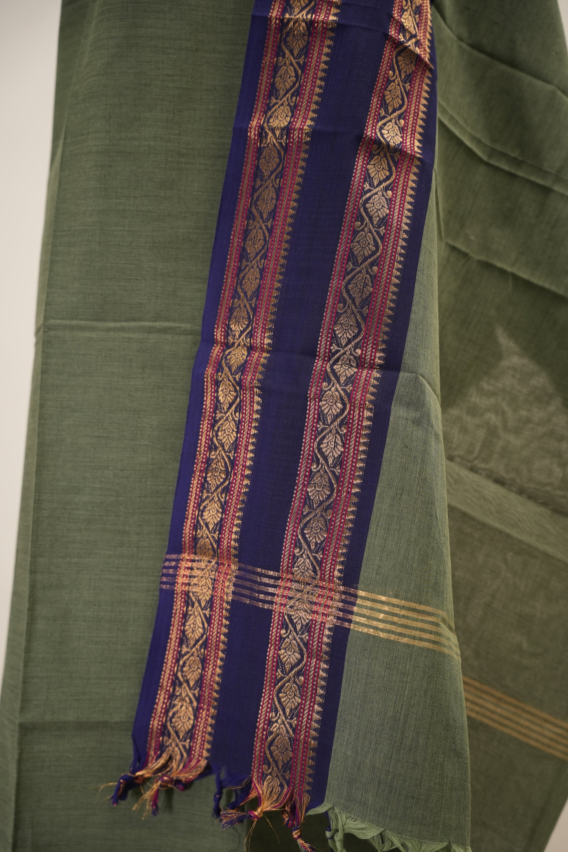 Gray with  Navy  Blue Border Chettinad Cotton Unstitched Salwar Suit - #NC155