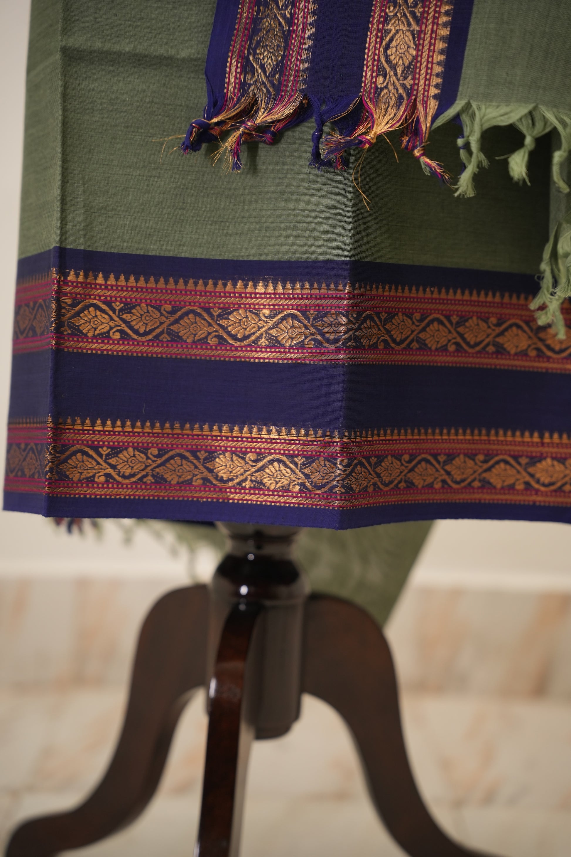 Gray with  Navy  Blue Border Chettinad Cotton Unstitched Salwar Suit - #NC155