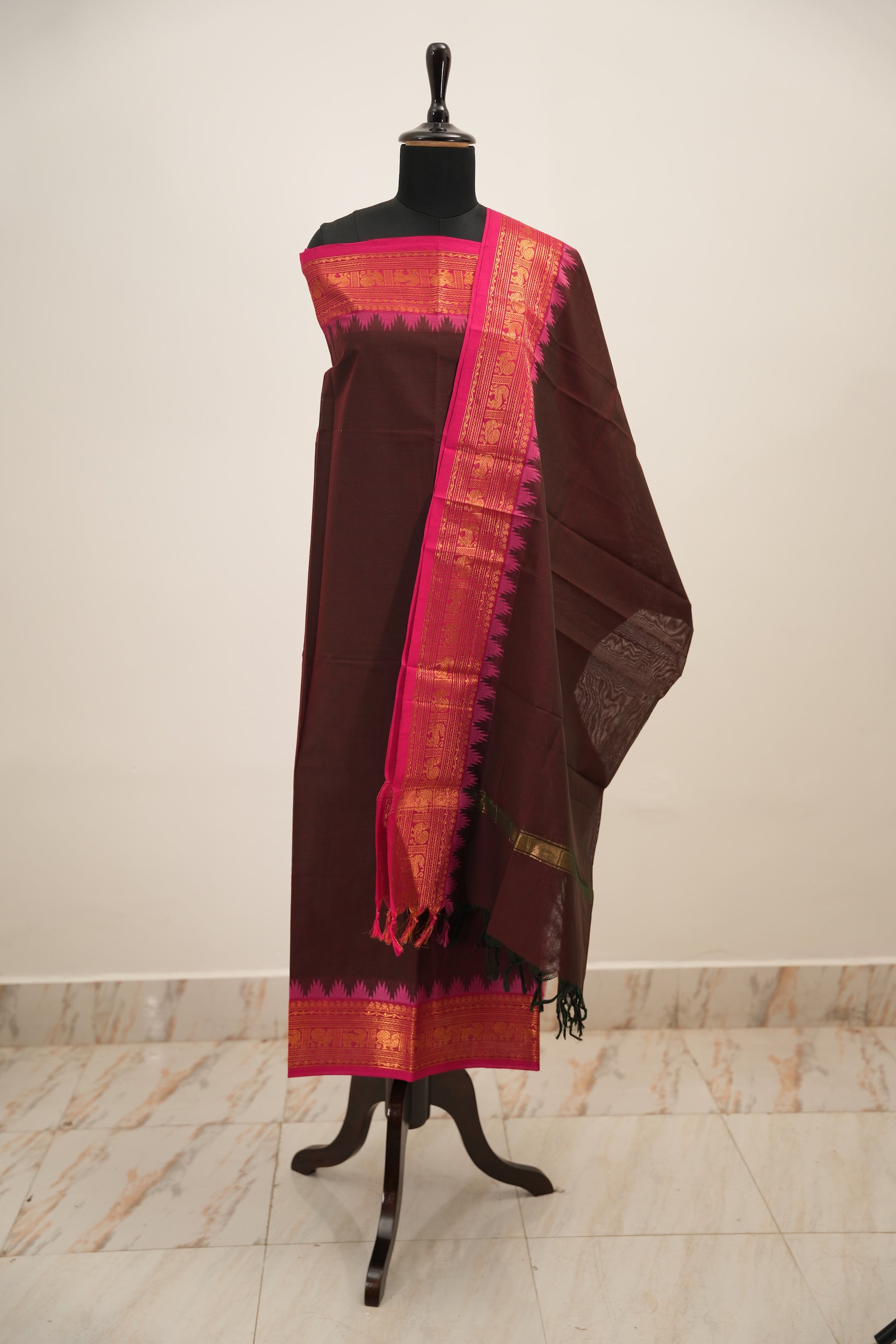 Brown with Pink and Golden Border Chettinad Cotton Unstitched Salwar Suit - #NC156