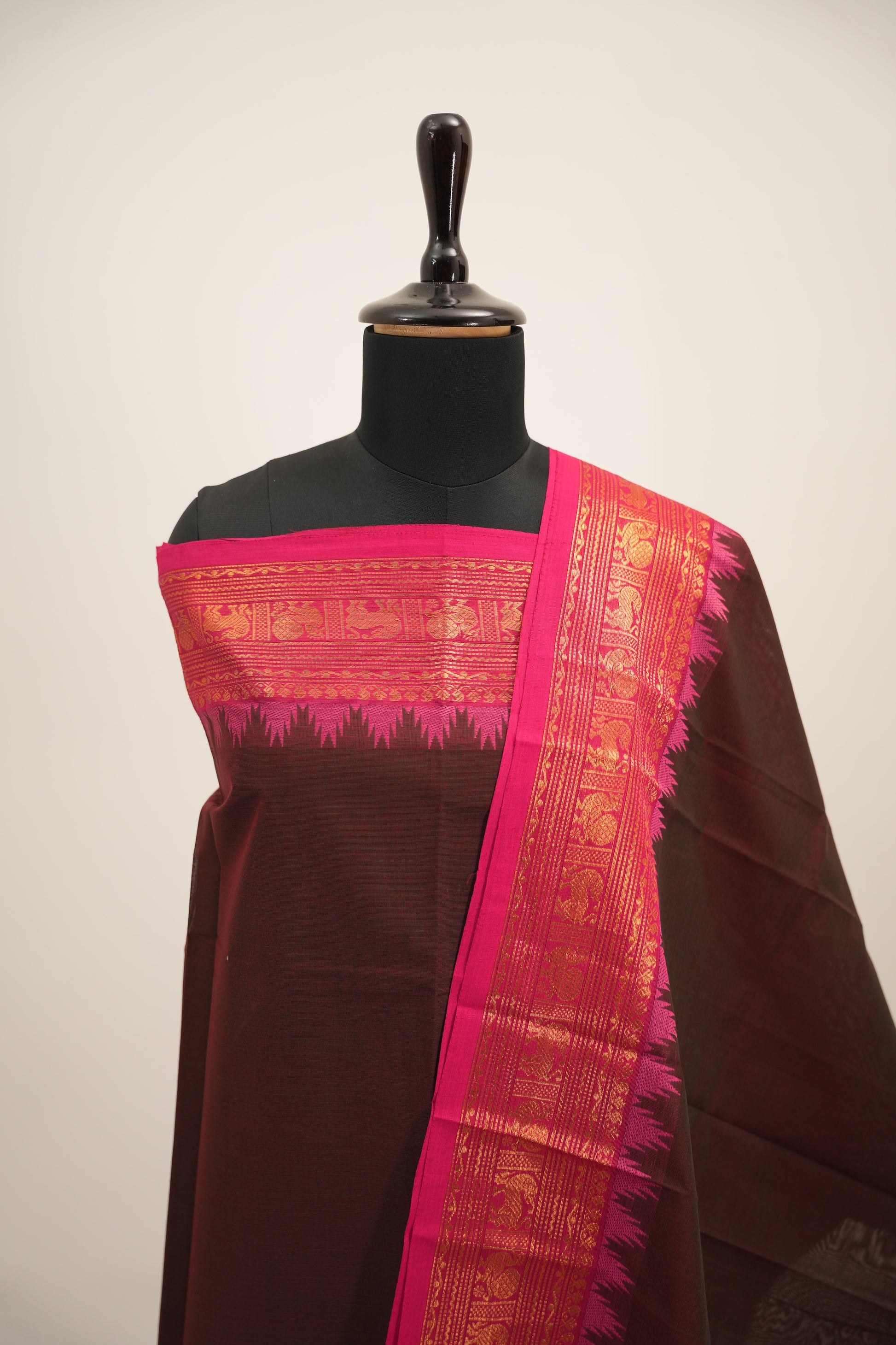Brown with Pink and Golden Border Chettinad Cotton Unstitched Salwar Suit - #NC156