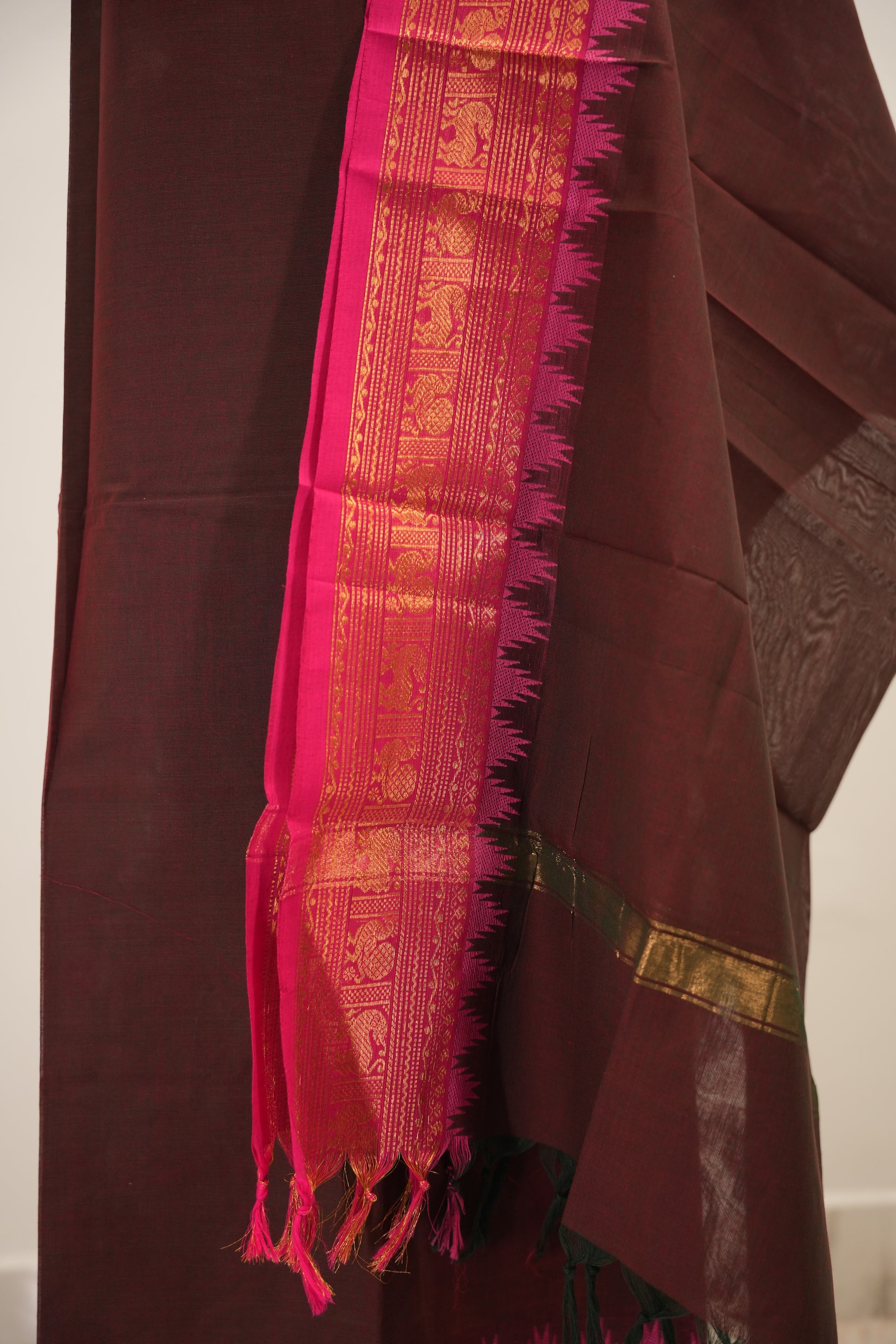 Brown with Pink and Golden Border Chettinad Cotton Unstitched Salwar Suit - #NC156