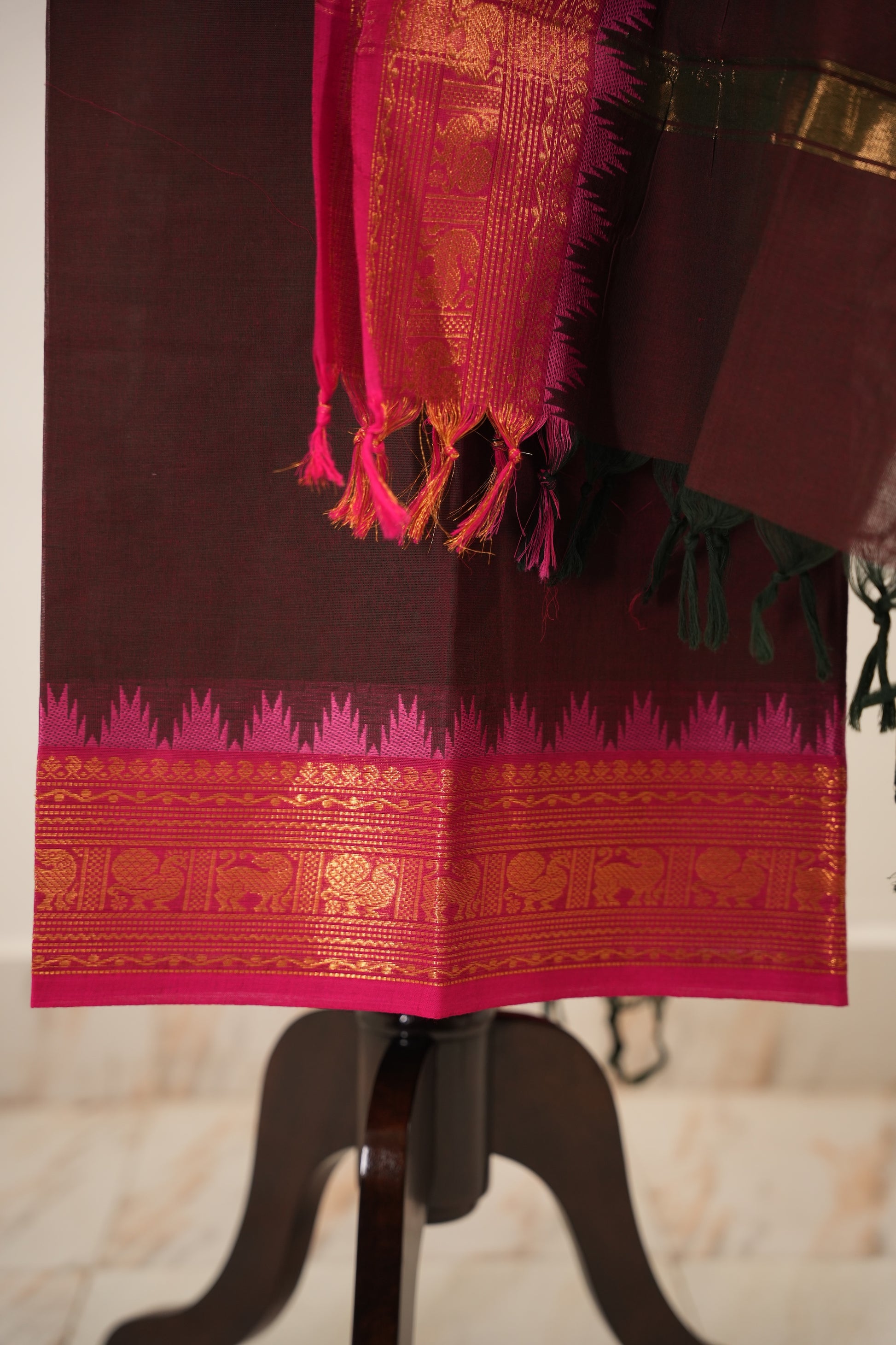 Brown with Pink and Golden Border Chettinad Cotton Unstitched Salwar Suit - #NC156