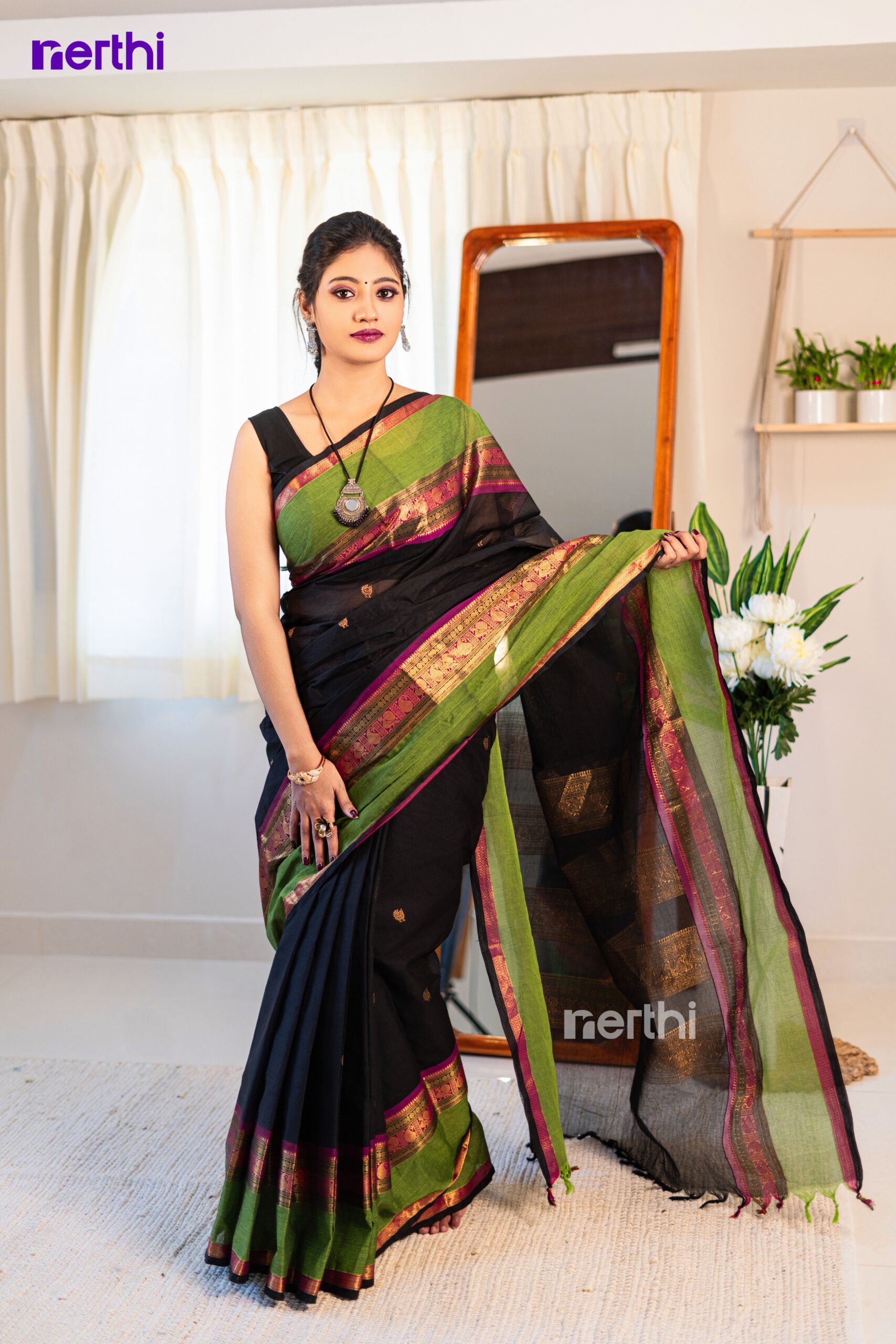 Vasuki - Black Chettinad Cotton Saree