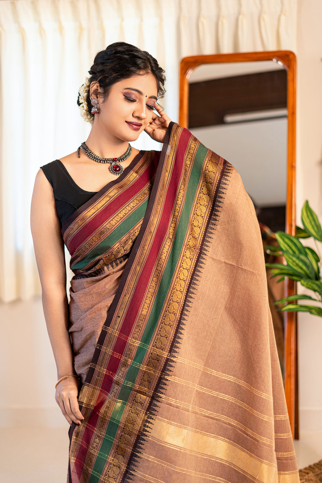 Kokila - Beige Chettinad Cotton Saree