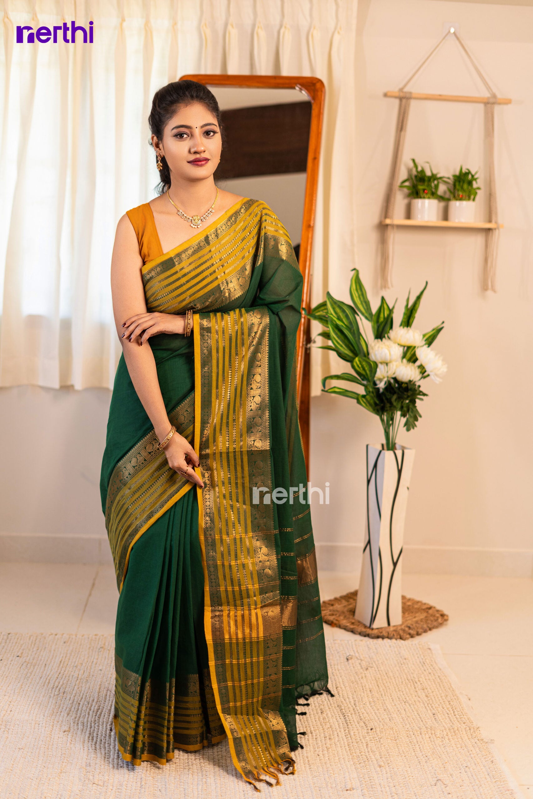Thulasi - Green & Mustard Chettinad Cotton Saree