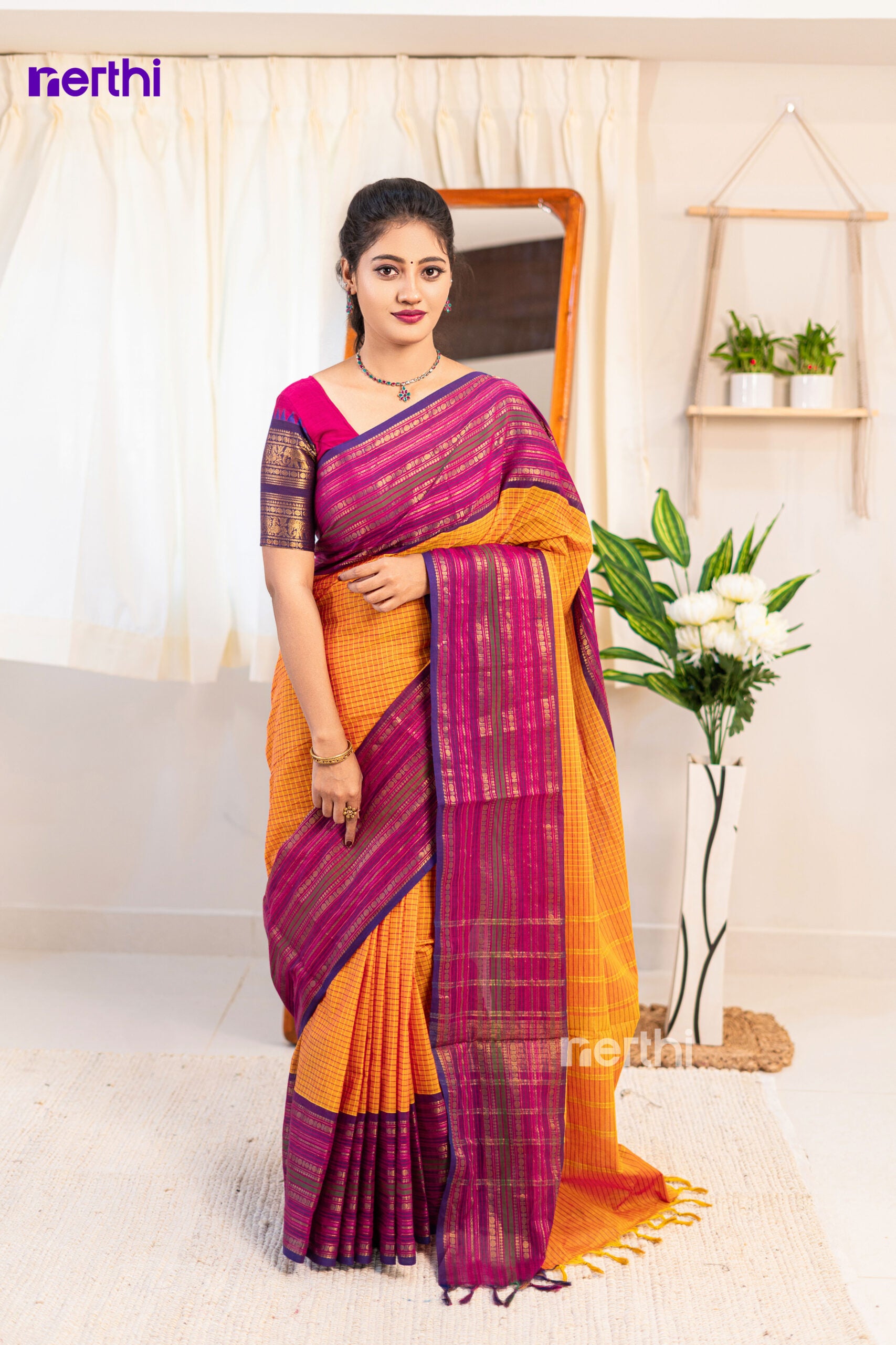 Thenmozhi - Orange Chettinad Cotton Saree