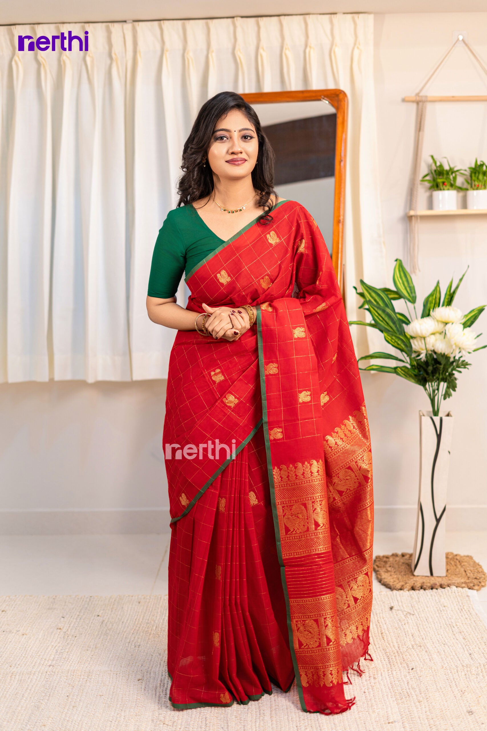 Thilagam - Red Chettinad Cotton Saree