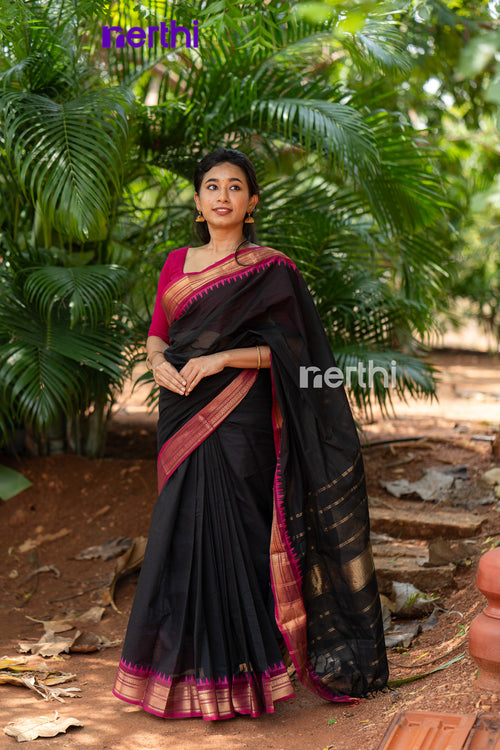 Ayali - Black Plain Chettinad Cotton Saree