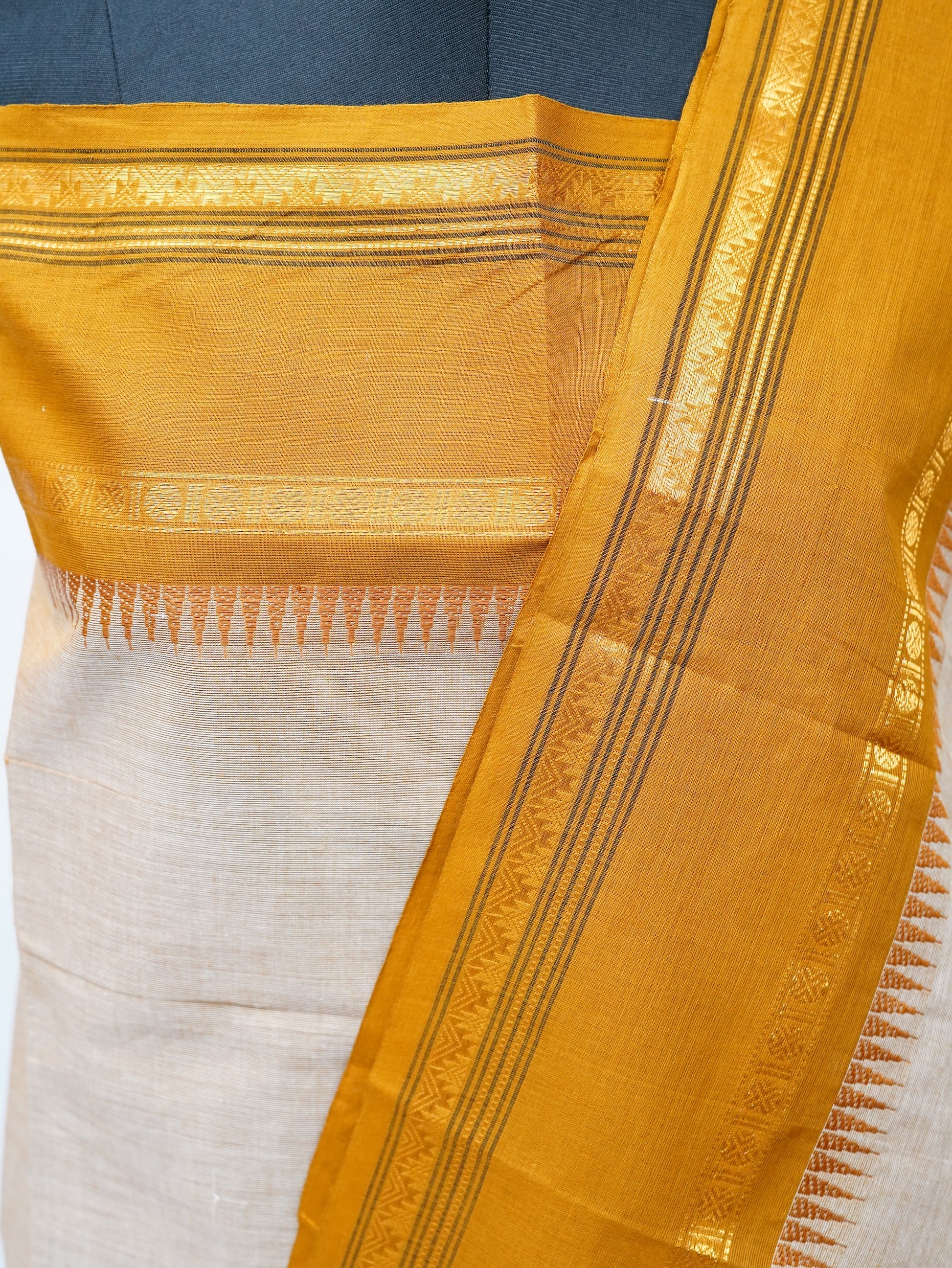 Offwhite with Yellow Border Chettinad Cotton Unstitched Salwar Suit - #NC160