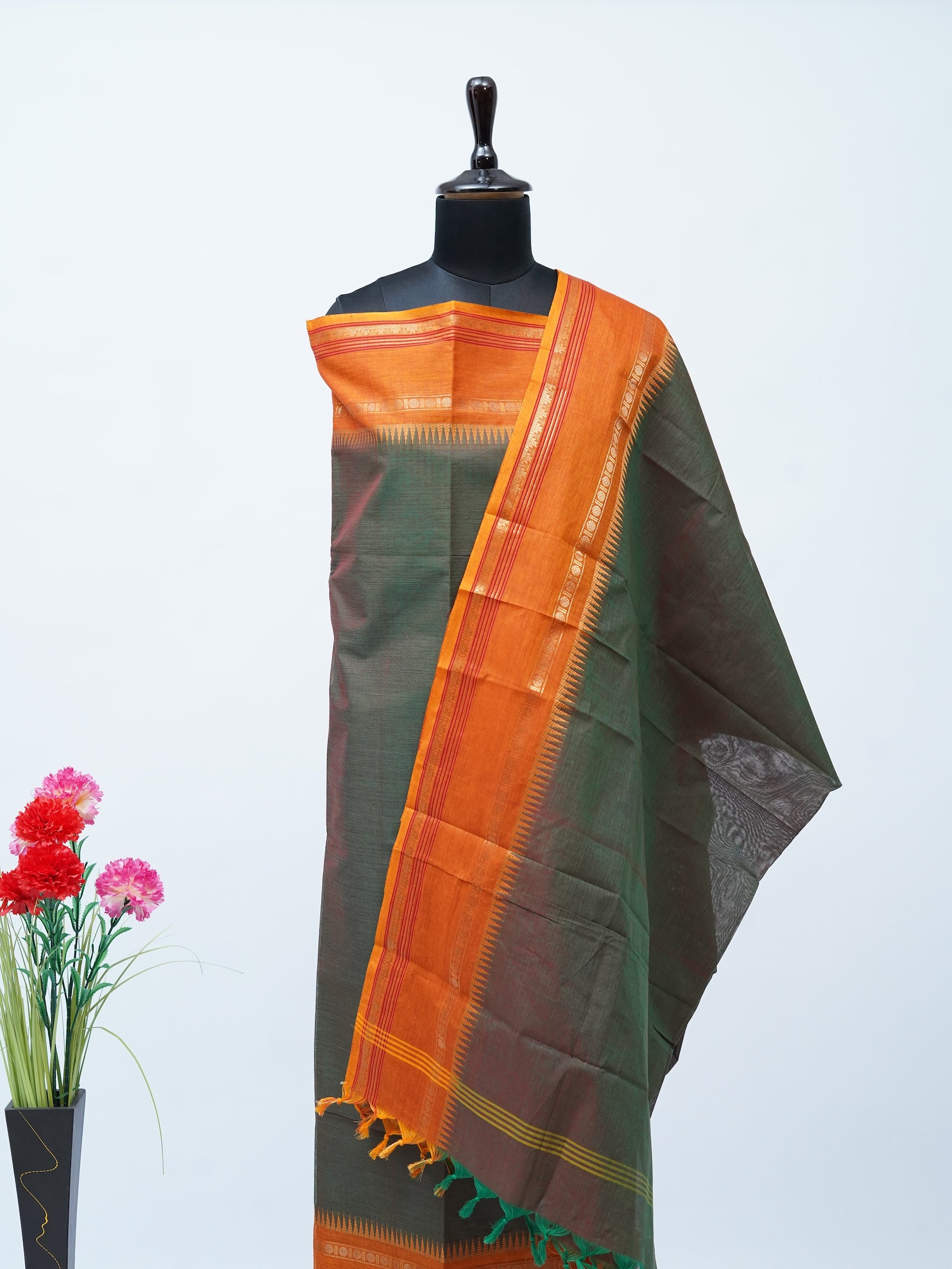 Green with Golden Orange Border Chettinad Cotton Unstitched Salwar Suit - #NC161