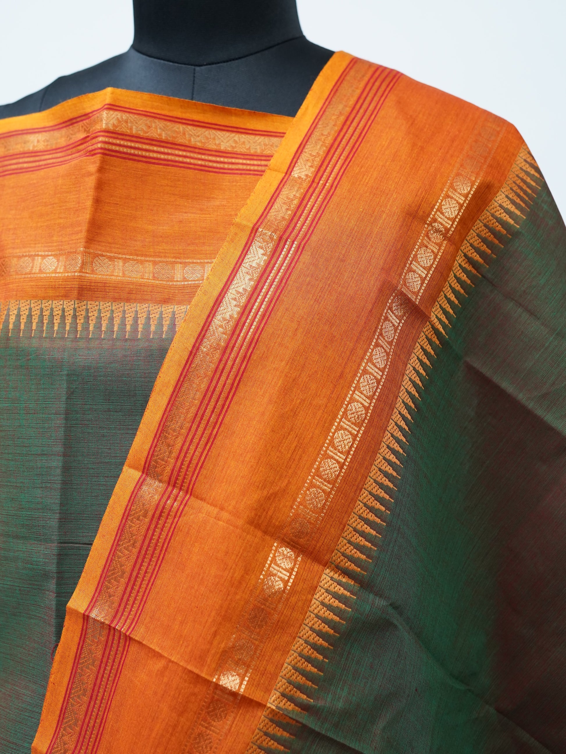 Green with Golden Orange Border Chettinad Cotton Unstitched Salwar Suit - #NC161