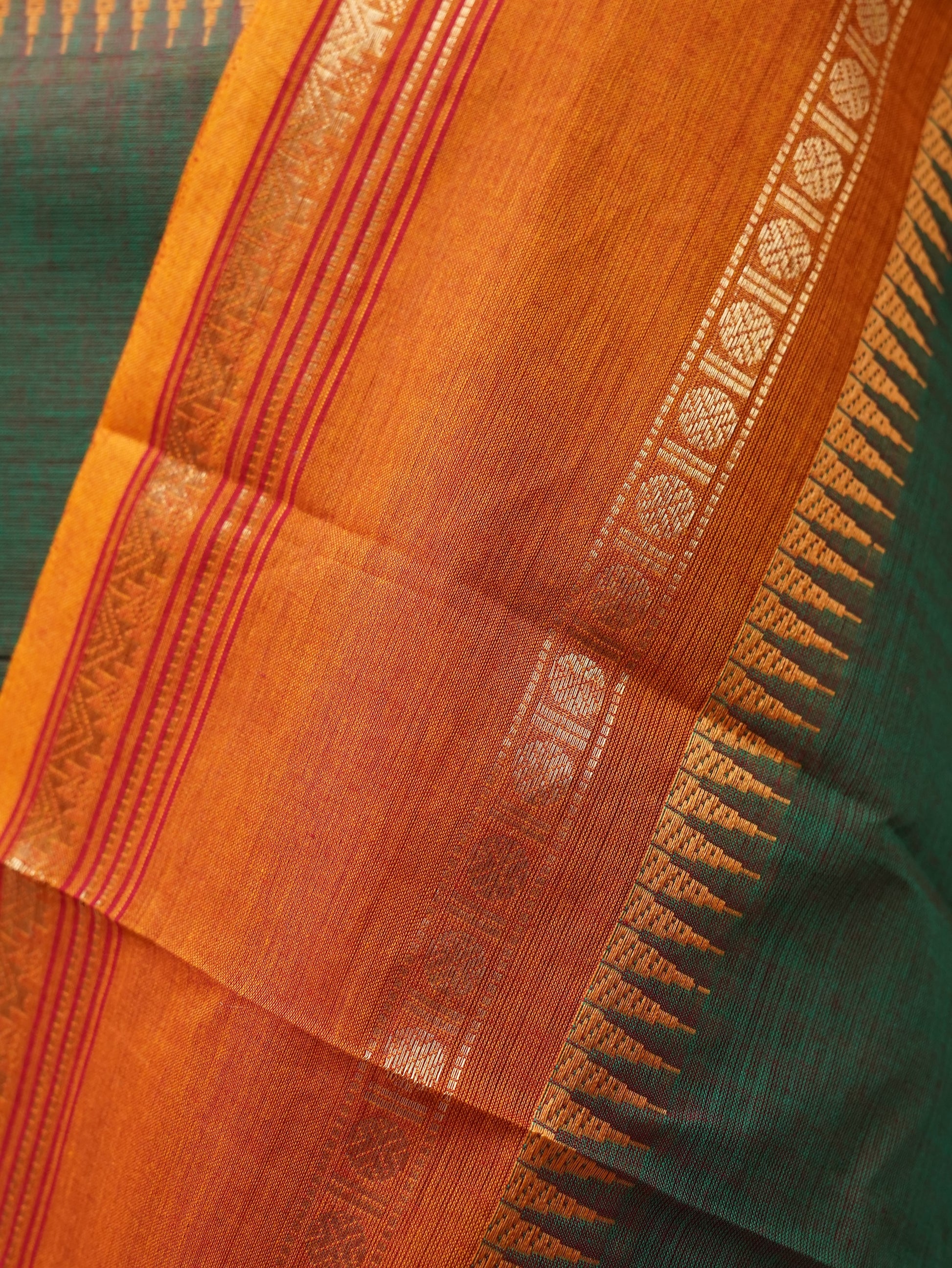 Green with Golden Orange Border Chettinad Cotton Unstitched Salwar Suit - #NC161