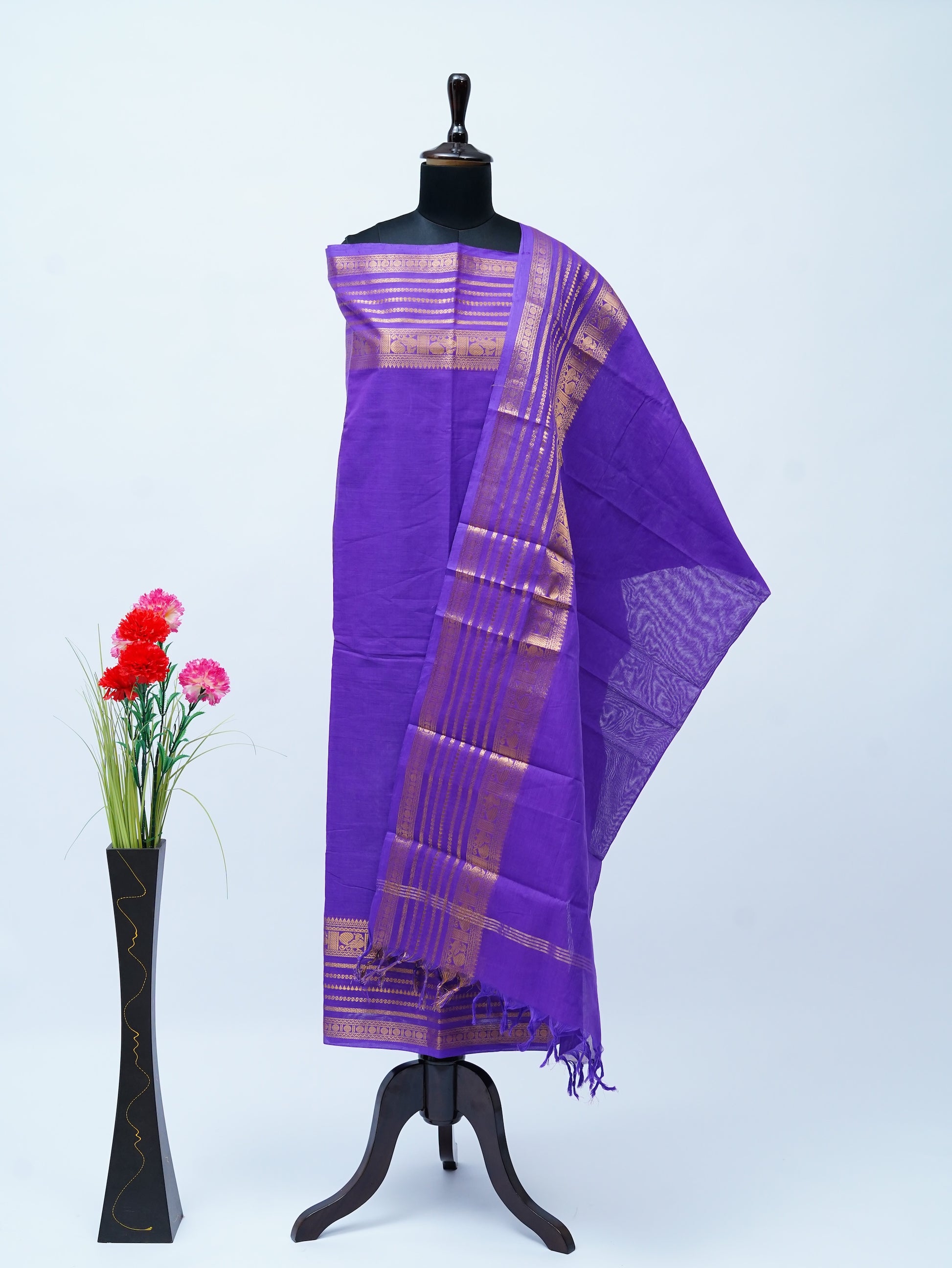 Purple with Golden Border Chettinad Cotton Unstitched Salwar Suit - #NC165