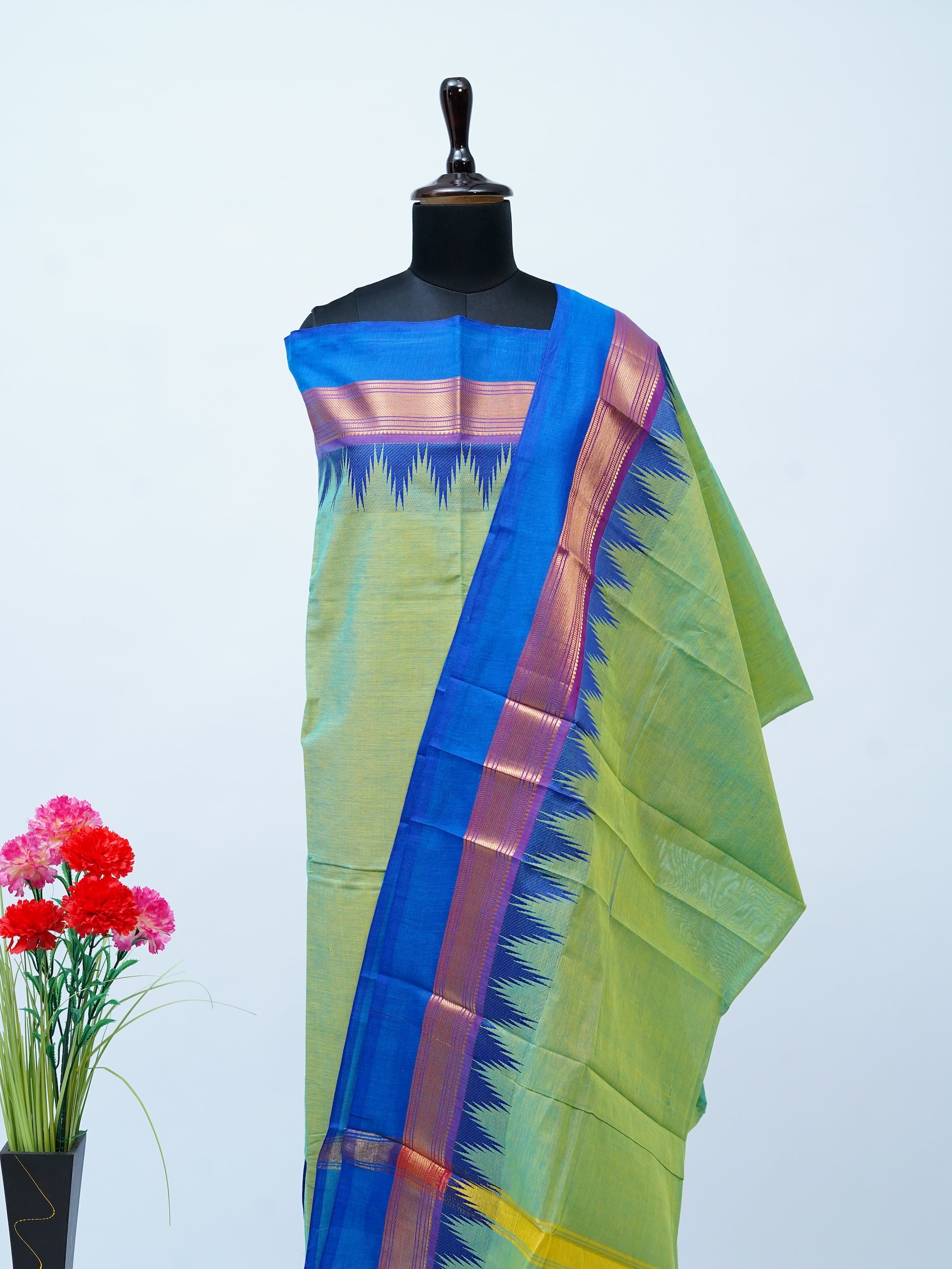 Ilai green with Blue Border Chettinad Cotton Unstitched Salwar Suit - #NC169