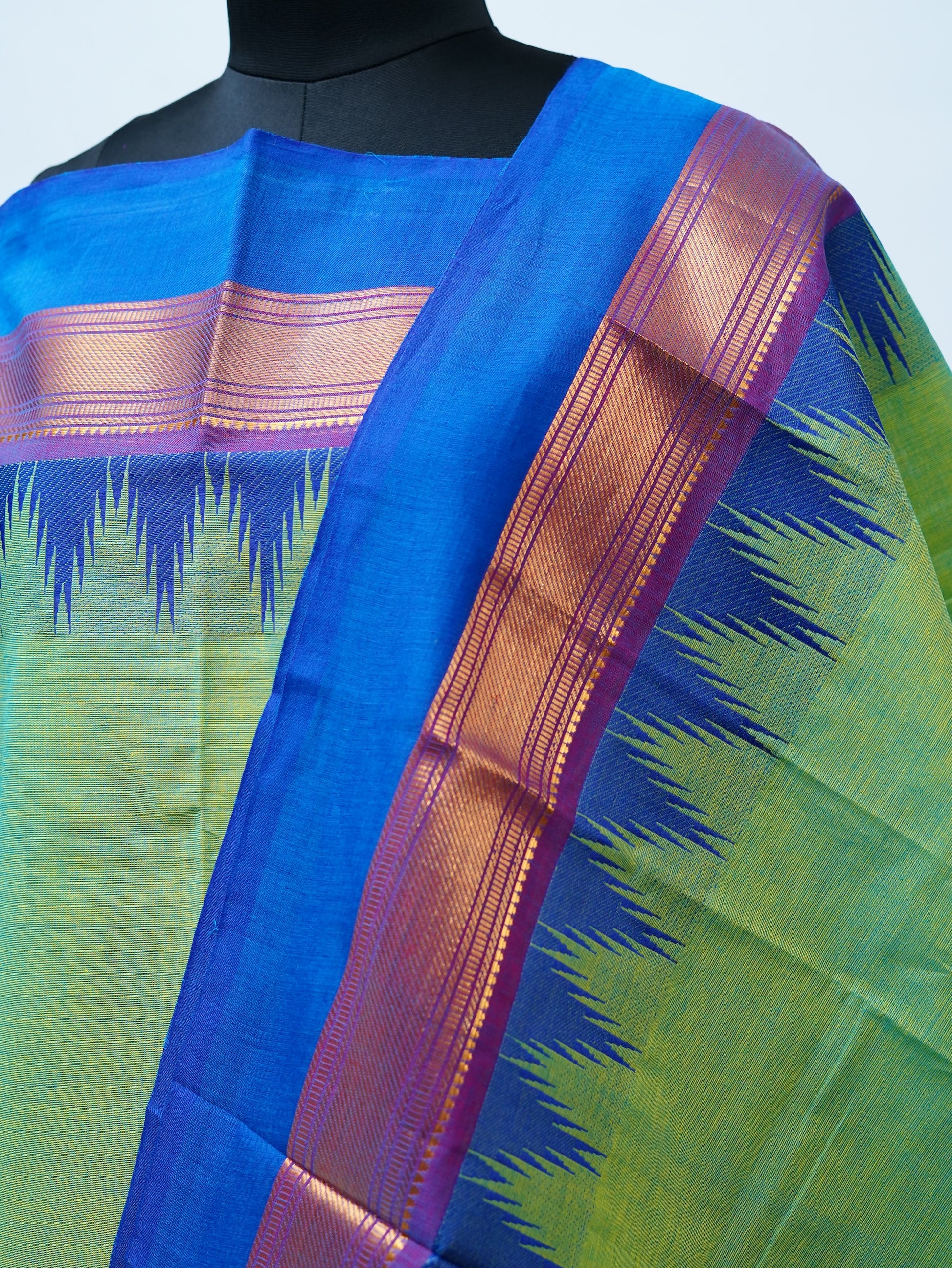 Ilai green with Blue Border Chettinad Cotton Unstitched Salwar Suit - #NC169