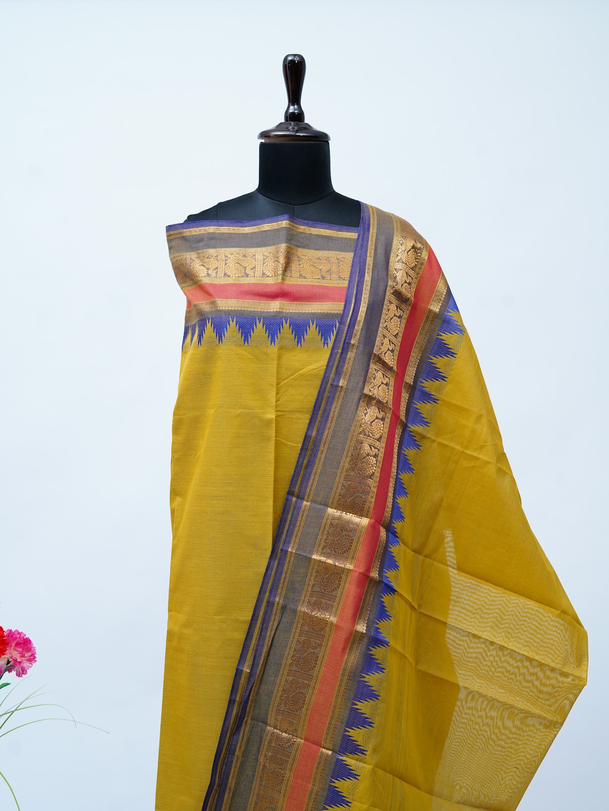 Green with multi color Border Chettinad Cotton Unstitched Salwar Suit - #NC163