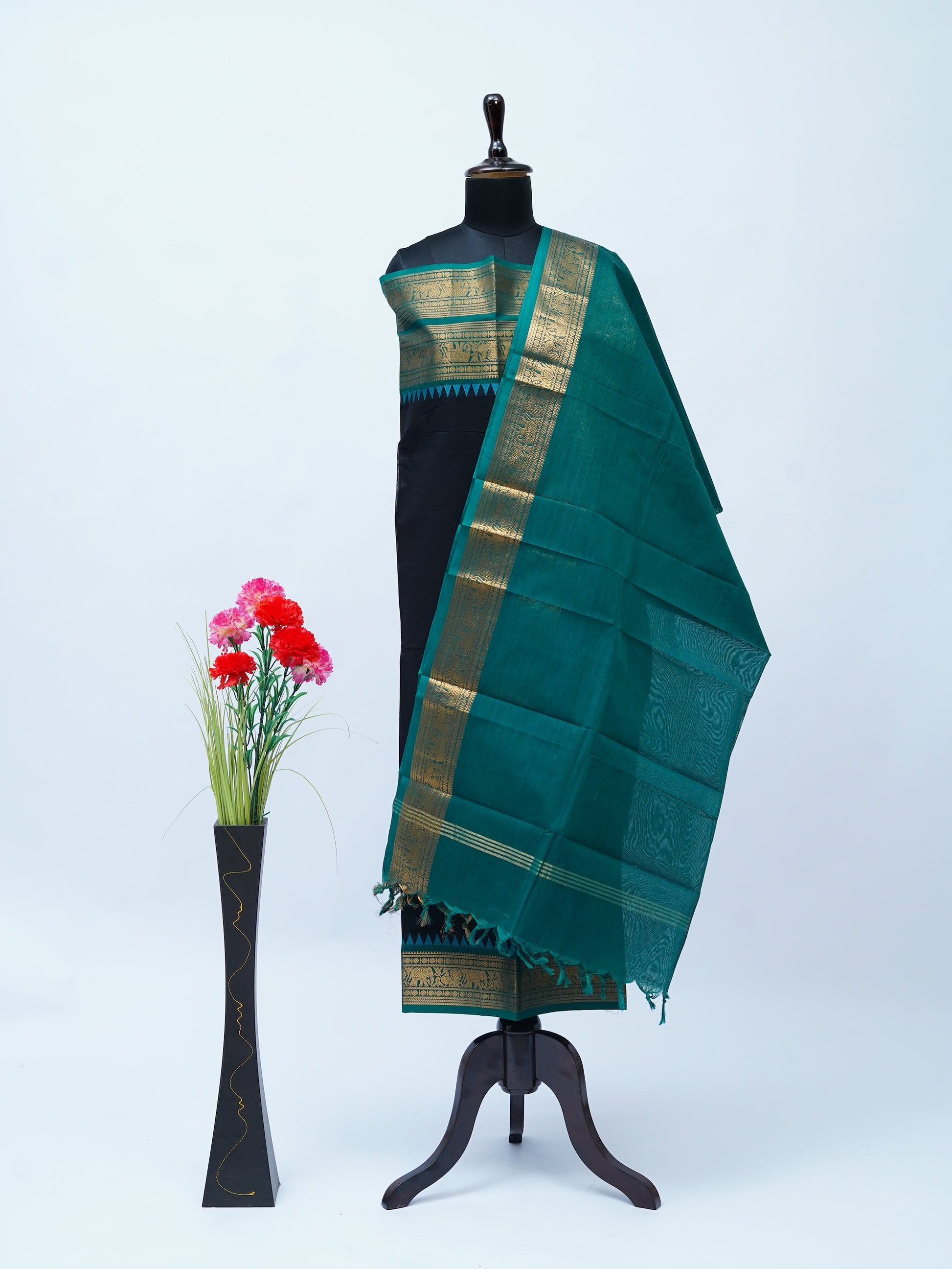 Black with Blue Border Chettinad Cotton Unstitched Salwar Suit - #NC168