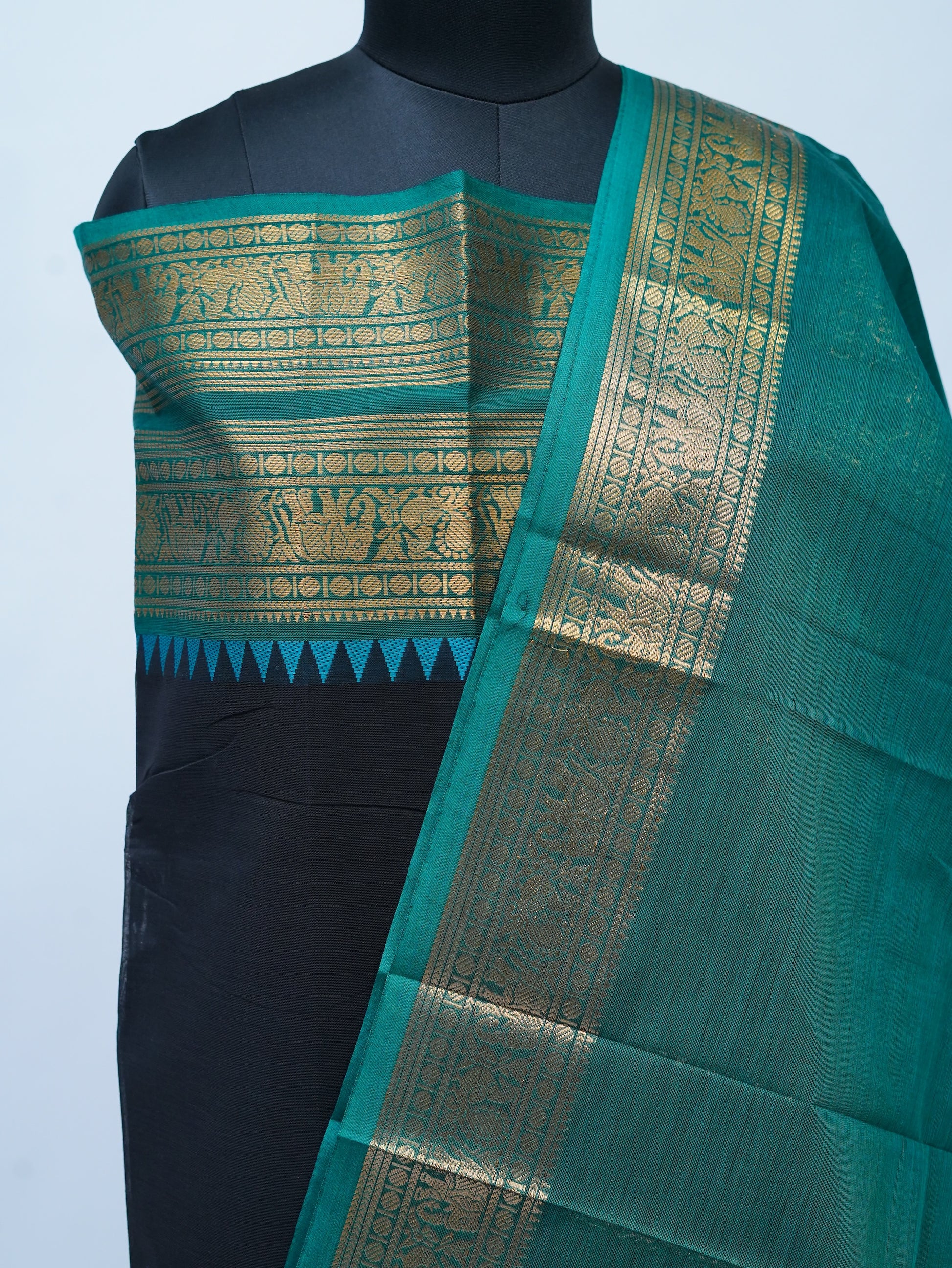 Black with Blue Border Chettinad Cotton Unstitched Salwar Suit - #NC168