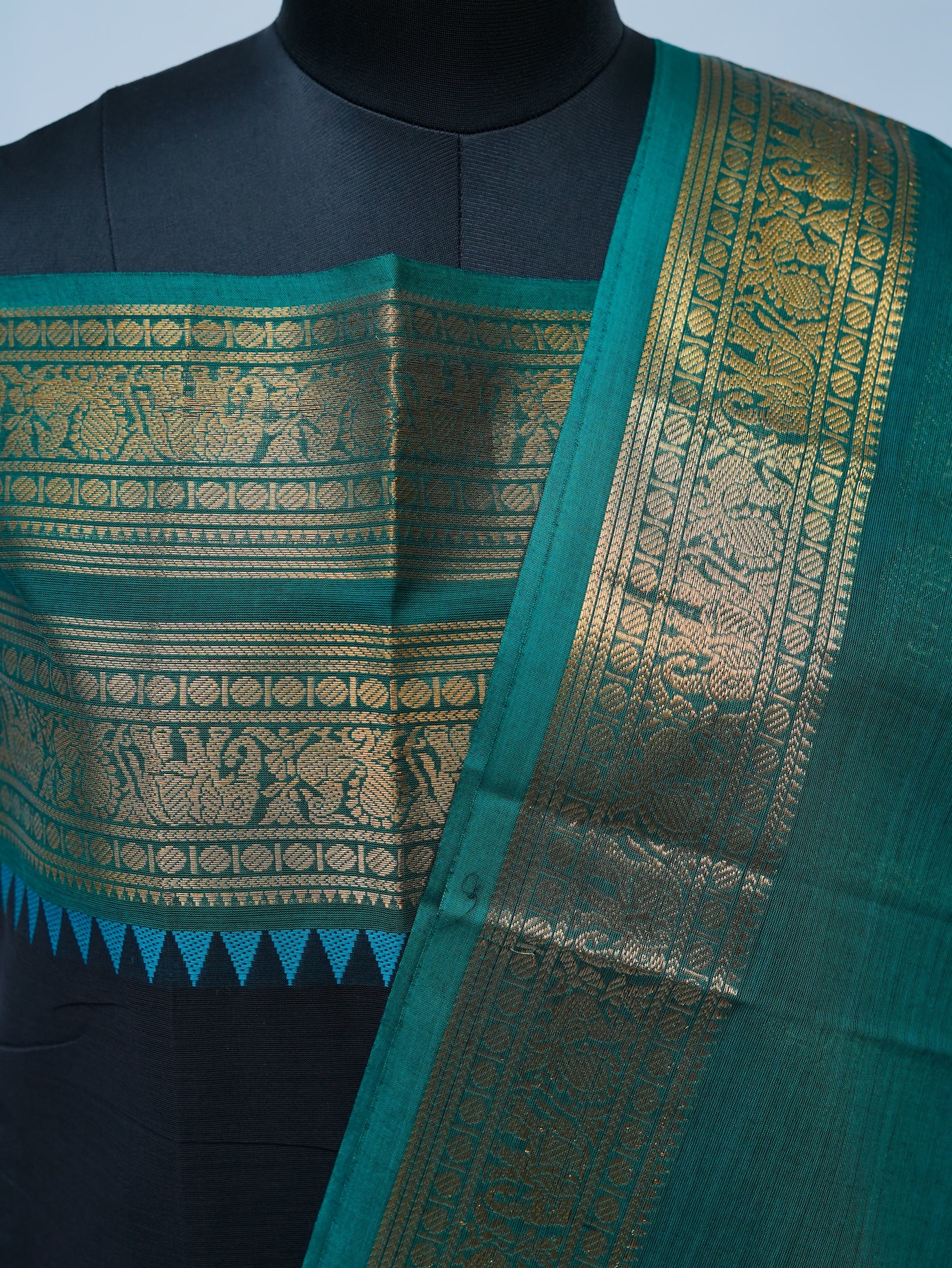 Black with Blue Border Chettinad Cotton Unstitched Salwar Suit - #NC168