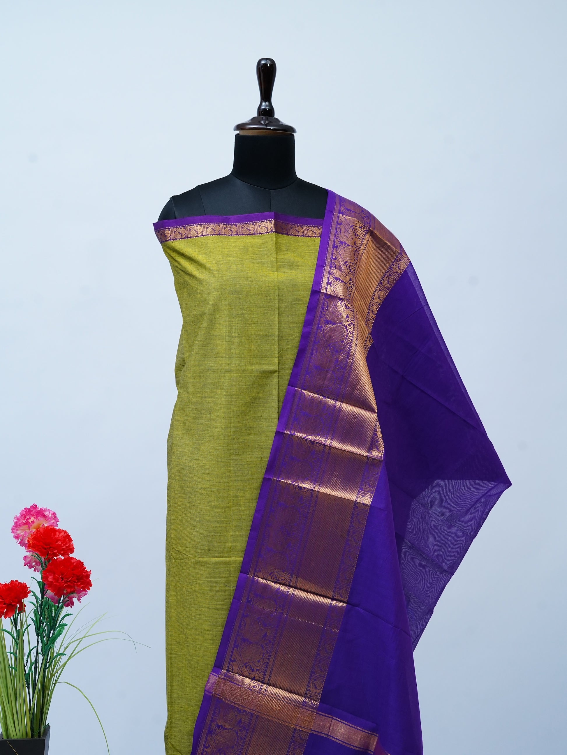 Green with Blue Border Chettinad Cotton Unstitched Salwar Suit - #NC162