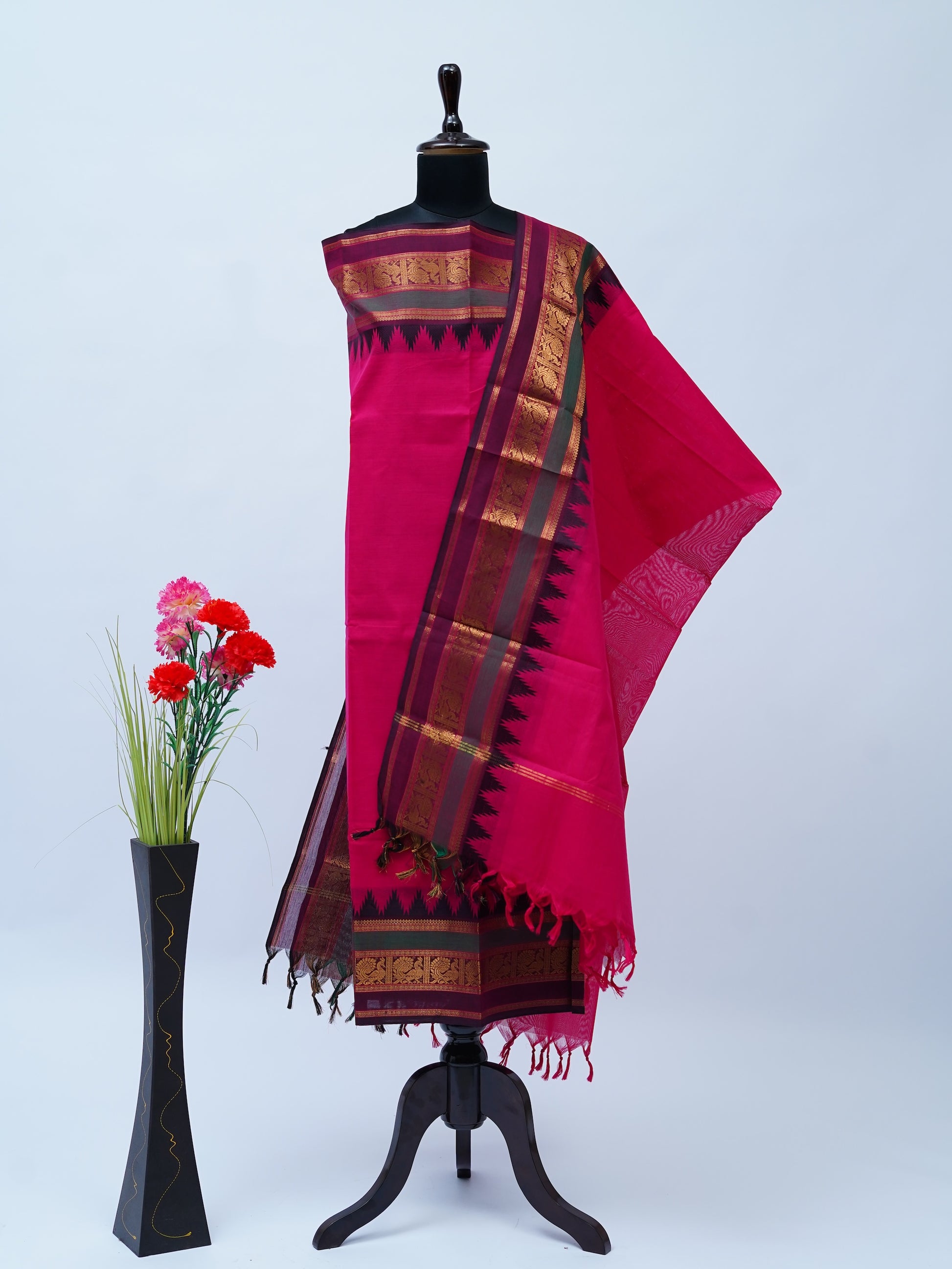 Pink with Multi color Border Chettinad Cotton Unstitched Salwar Suit - #NC167