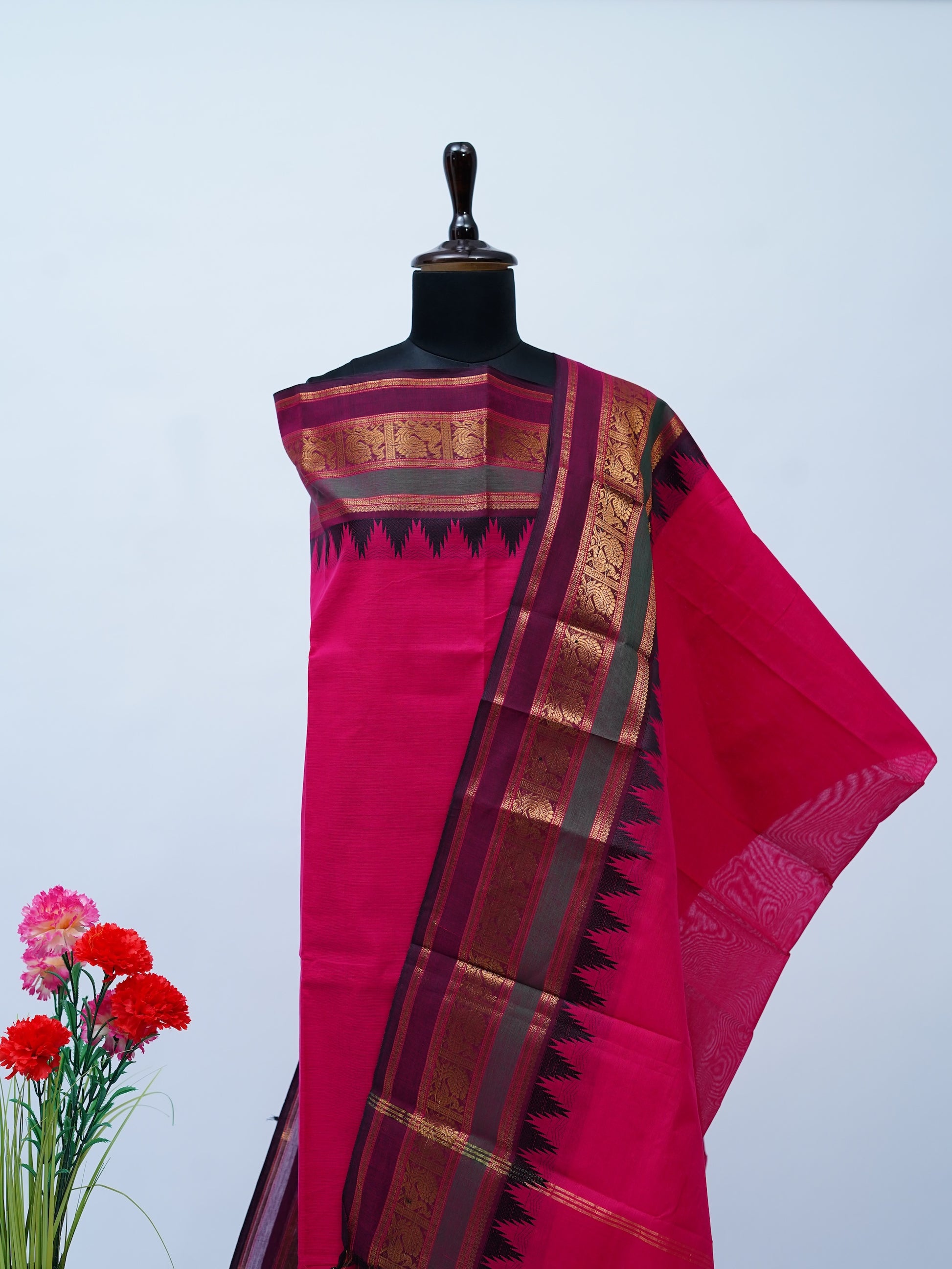 Pink with Multi color Border Chettinad Cotton Unstitched Salwar Suit - #NC167