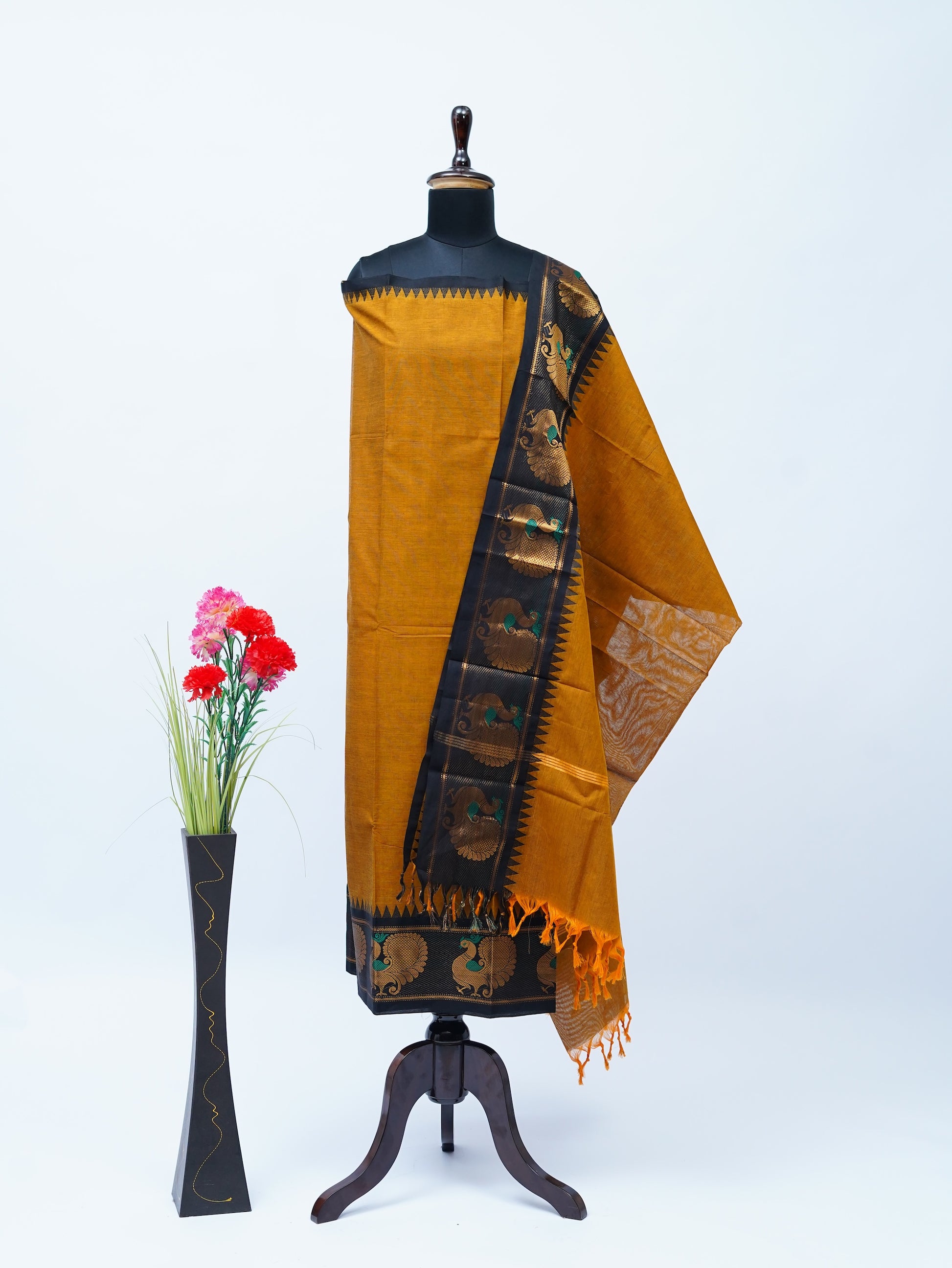 Mustard with Black Border Chettinad Cotton Unstitched Salwar Suit - #NC164