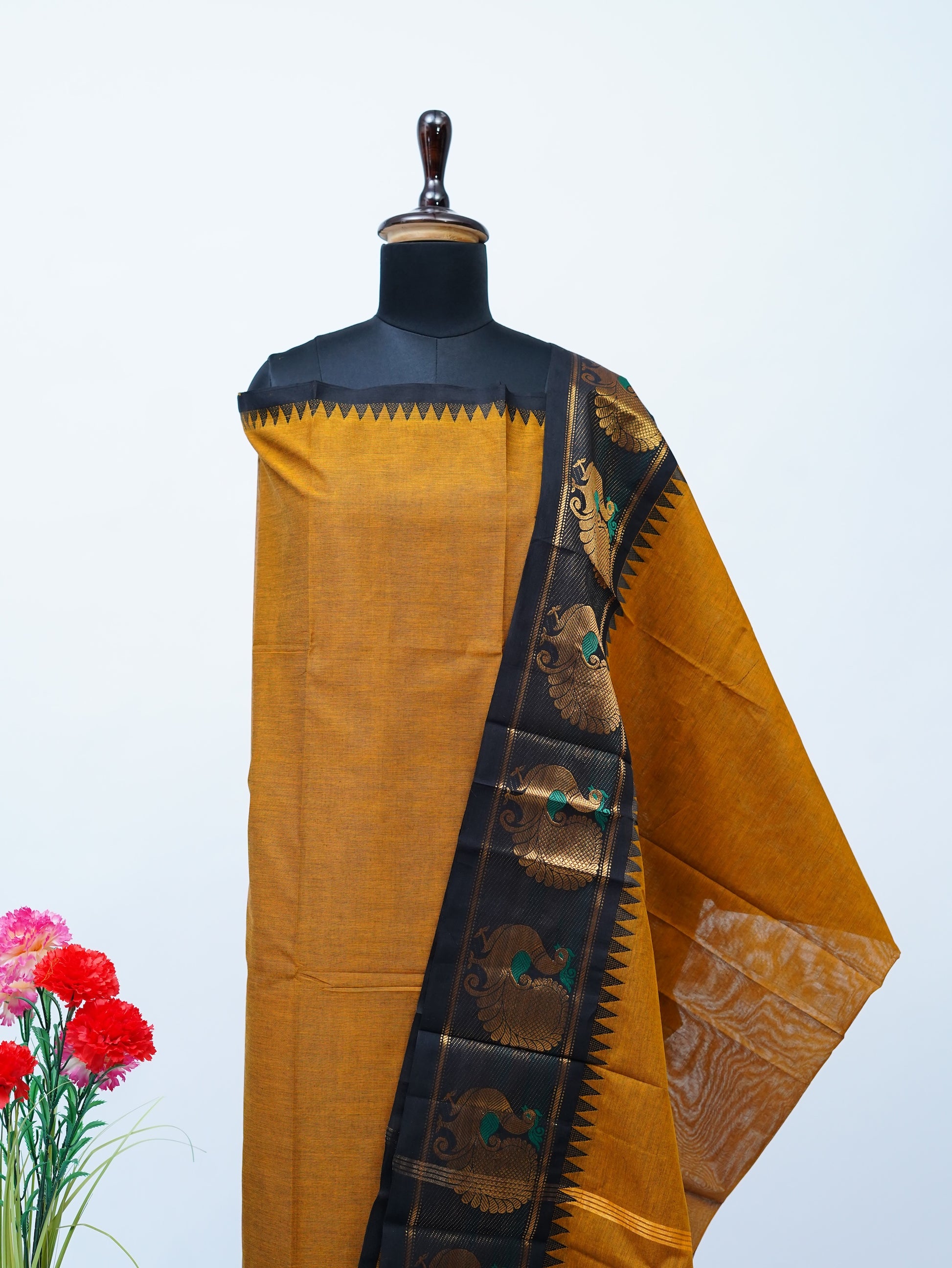 Mustard with Black Border Chettinad Cotton Unstitched Salwar Suit - #NC164