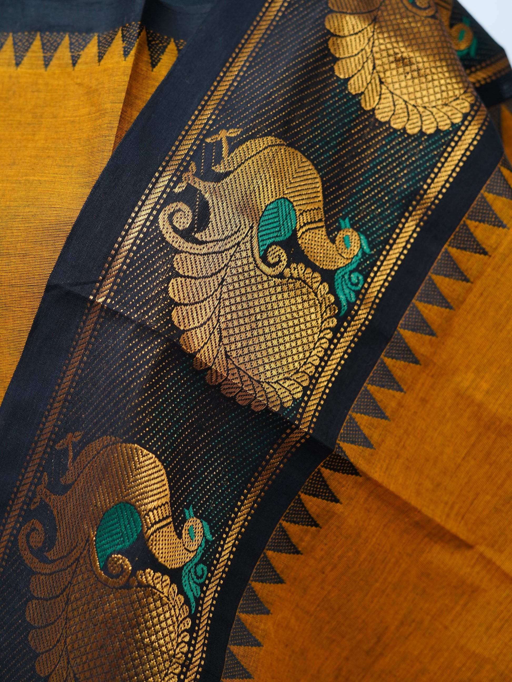 Mustard with Black Border Chettinad Cotton Unstitched Salwar Suit - #NC164