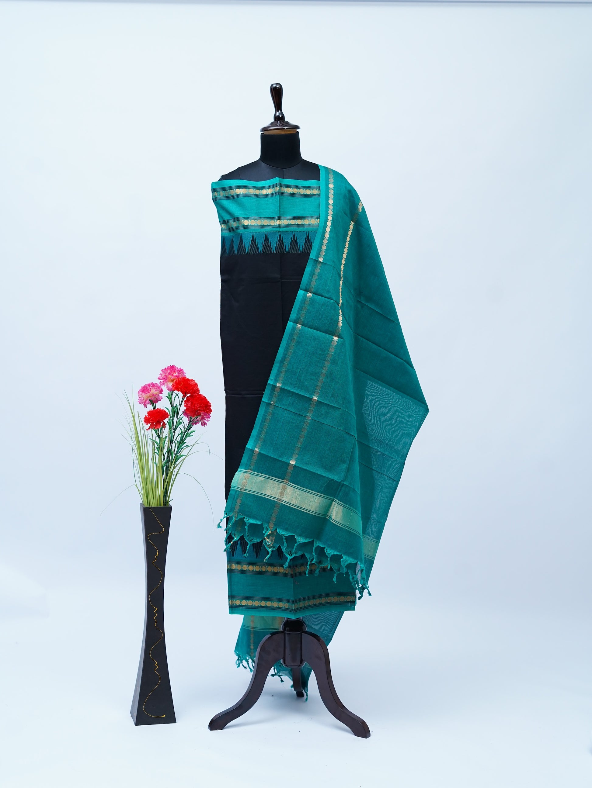 Black with Skyblue Border Chettinad Cotton Unstitched Salwar Suit - #NC166