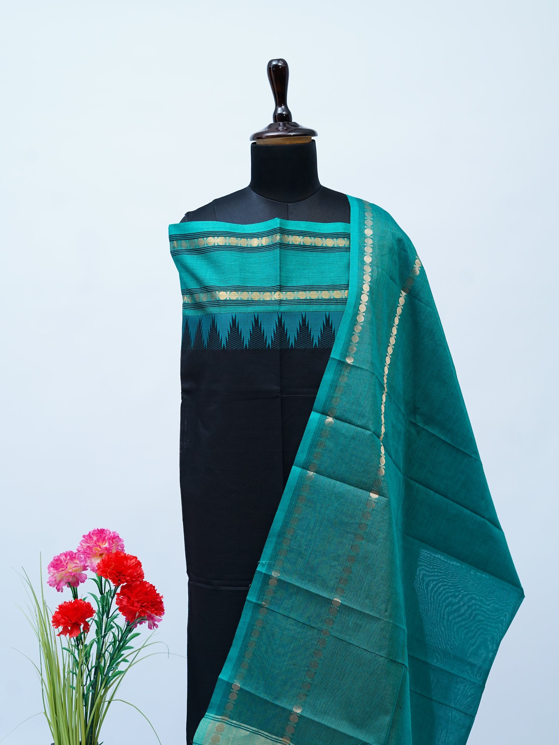 Black with Skyblue Border Chettinad Cotton Unstitched Salwar Suit - #NC166